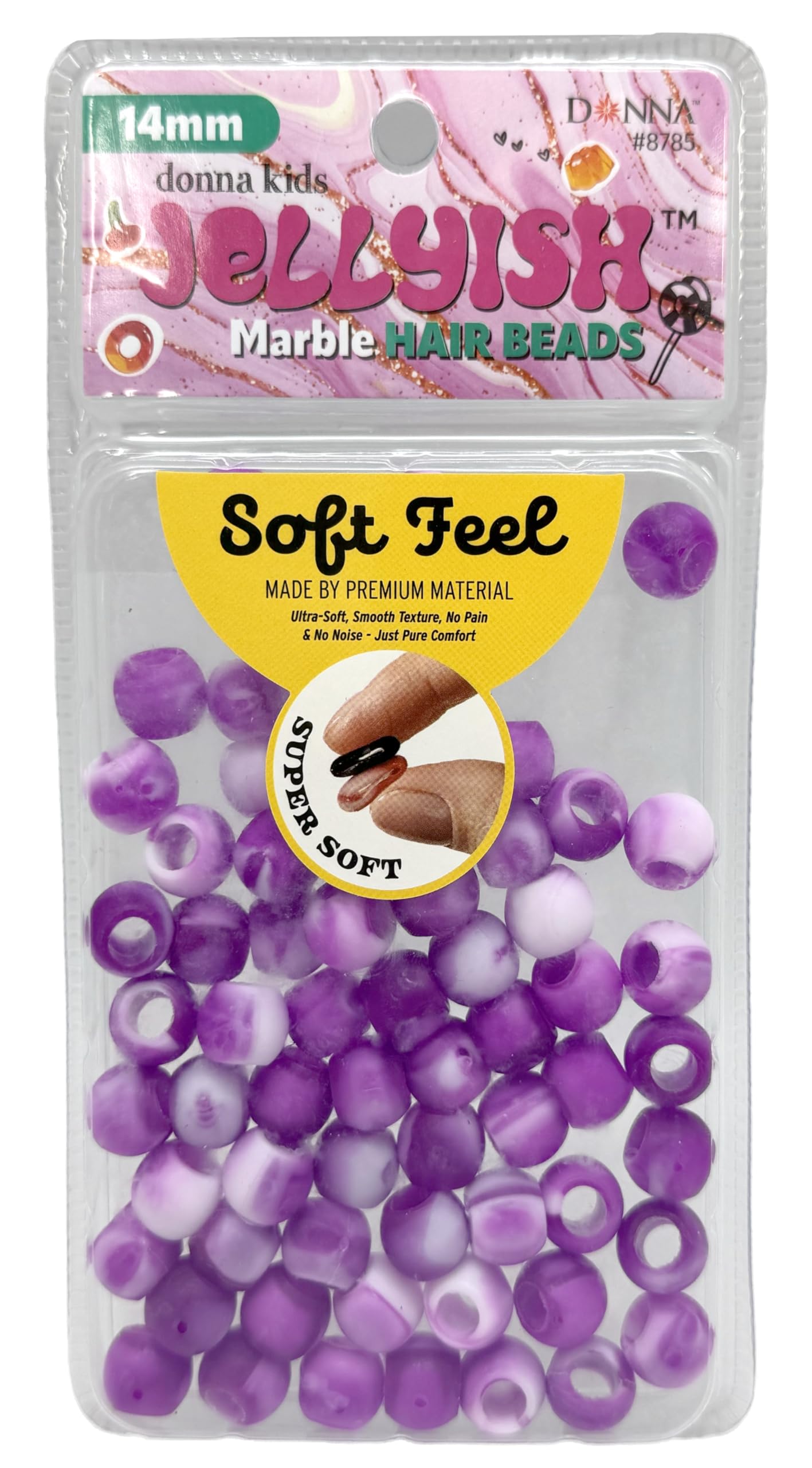 Donna Kids Jellyish Marble Hair Beads – 14mm Soft Silicone Bead with Threading Tool – Pain-Free, Noiseless Beads for Braids & Ponytails – Tangle-Free Design (Lavender)