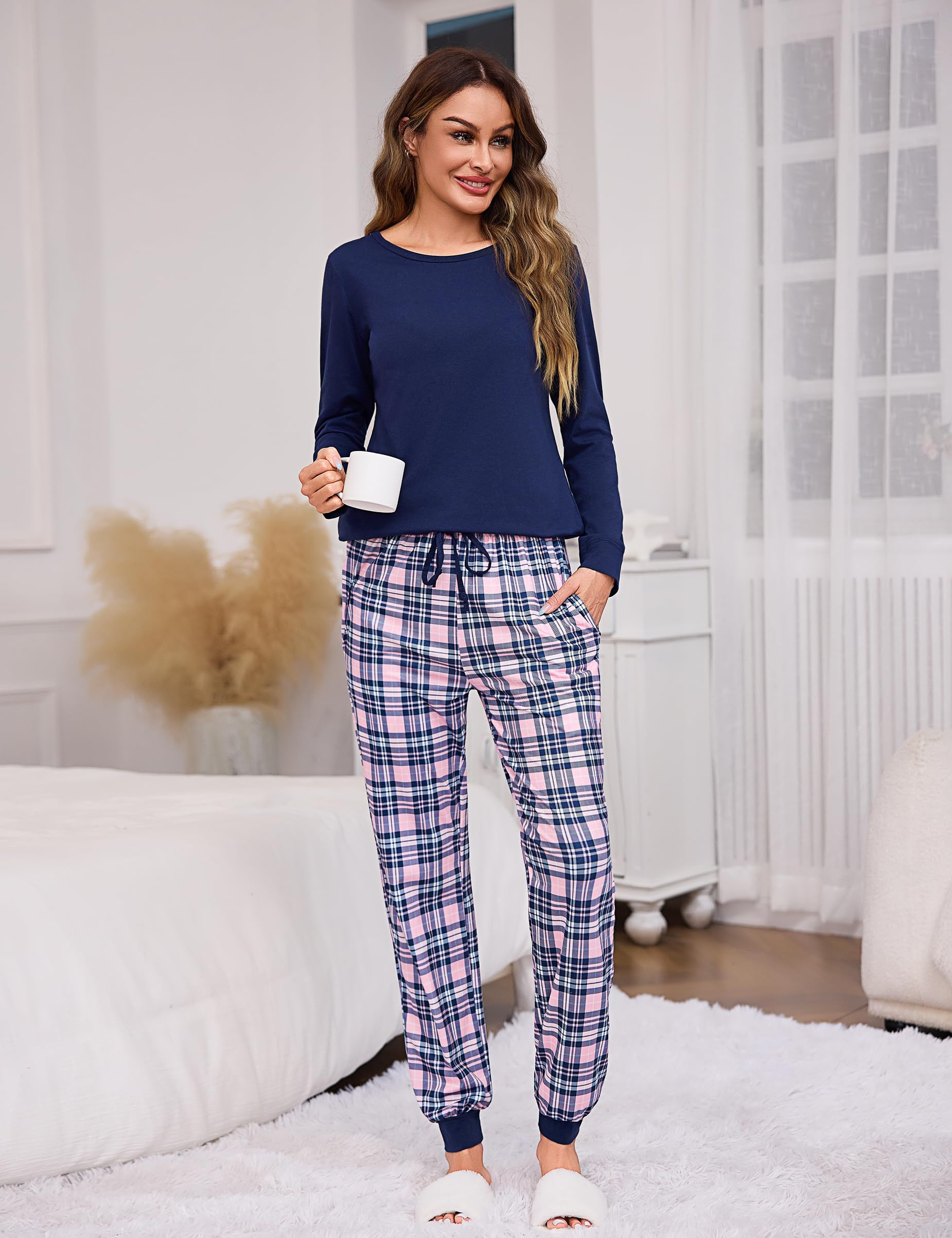 Litherday Pigiama Donna Invernale Cotone Pigiami da Donna Lungo Pigiami Due Pezzi da Donna Pigiama a Manica Lunga Pantaloni Lunghi con Tasche Morbido e Confortevole S-XXL