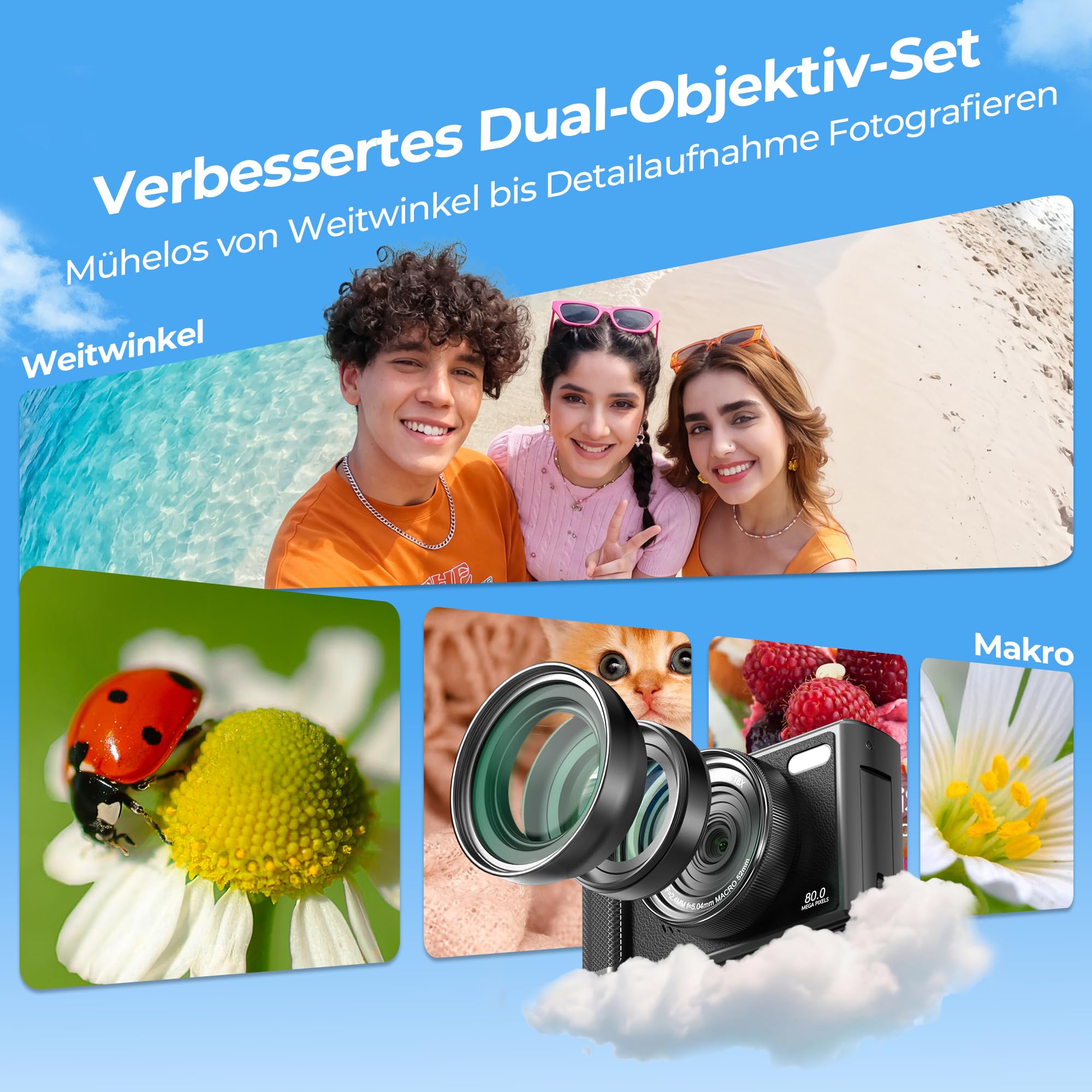 5K WiFi Digitalkamera & Fotokamera 80 MP, Vlogging Kamera für YouTube mit Autofokus, 3" 180° Klappbildschirm, 18X Digitalzoom Reisekamera für Anfänger & Jugendliche, mit 64GB SpeicherKarte & 2 Akkus