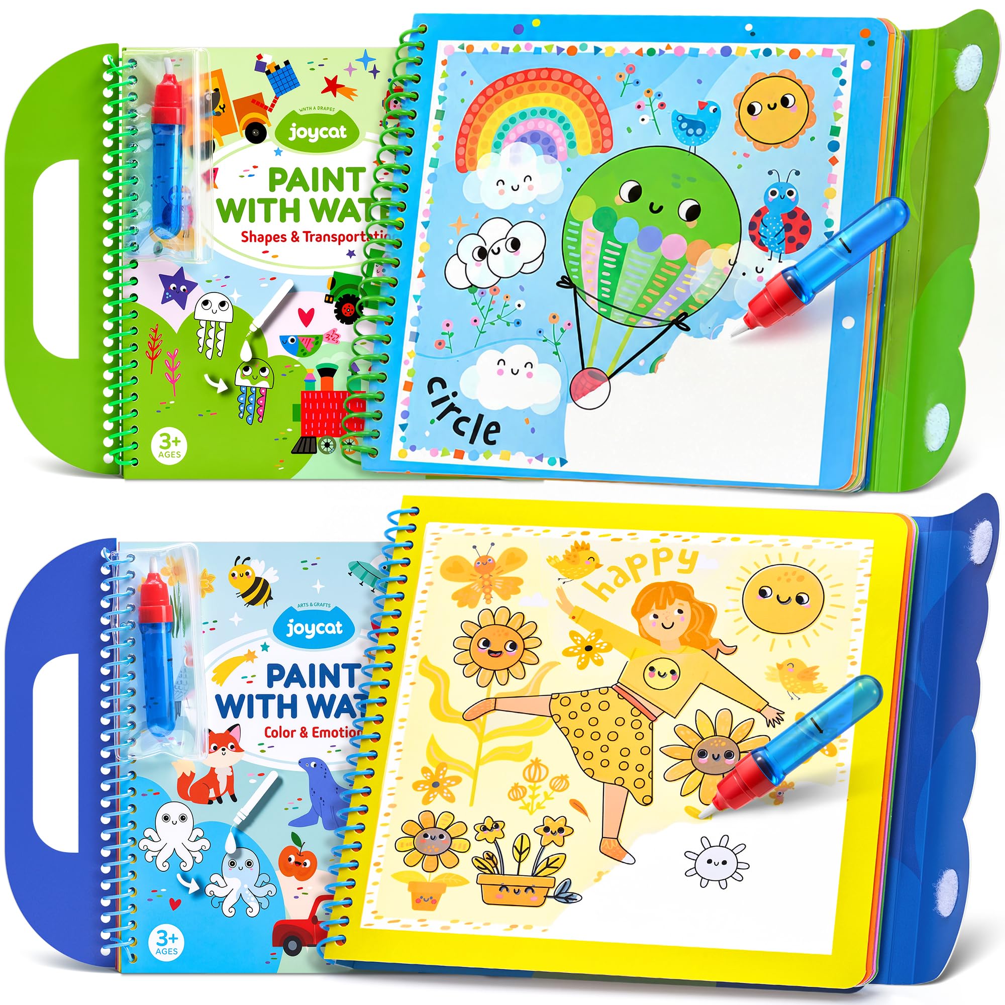 JoyCat Water Colouring Book for Toddlers 3-5, Reusable 14 Pages (Shape & Transportation + Color & Emotion)