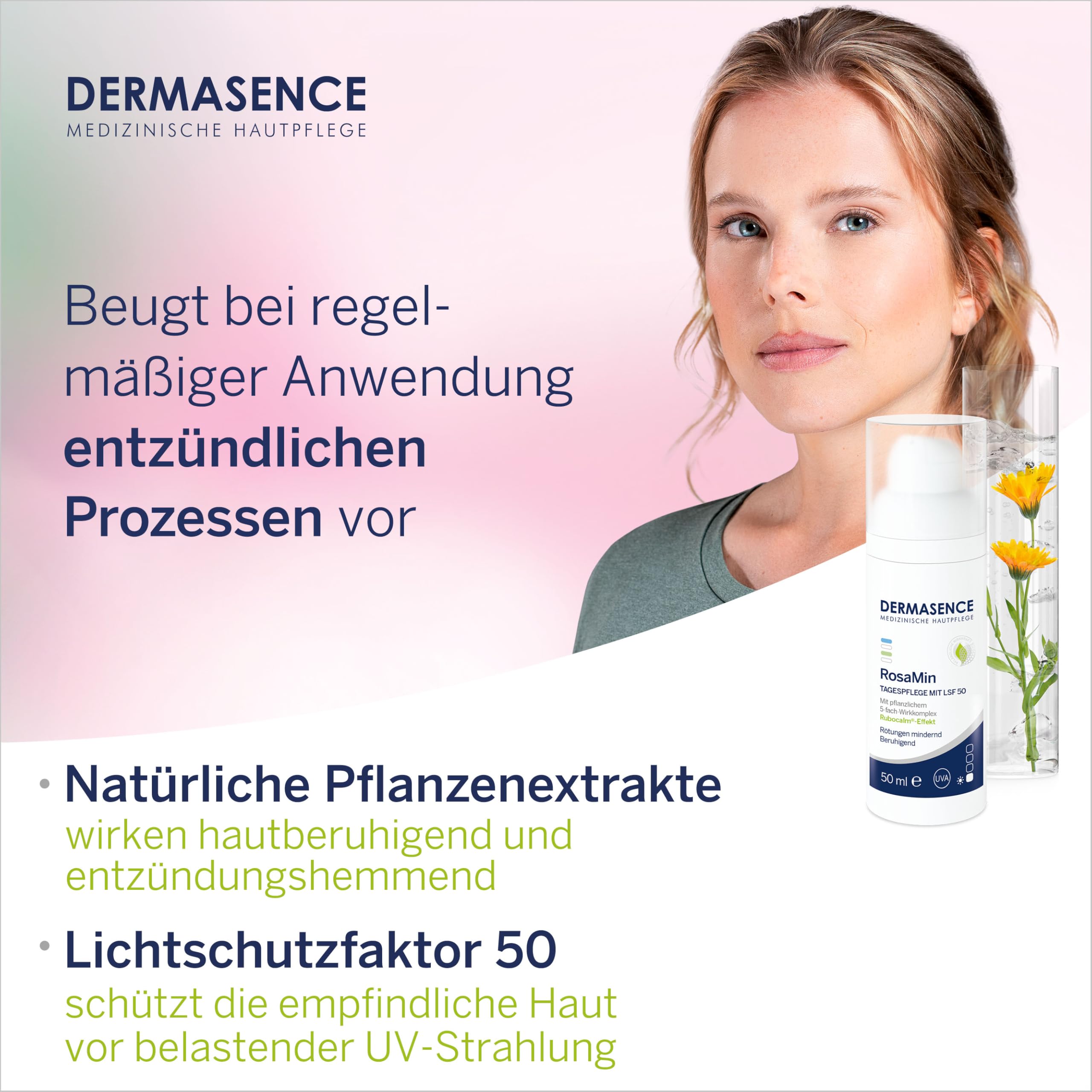 DERMASENCE RosaMin Tagespflege mit LSF 50, 50 ml – Beruhigende Gesichtscreme für empfindliche Haut, parfümfrei, Pflege bei Rötungen, leichter UV-Schutz gegen Reizungen, Hautpflege ohne Duftstoffe.