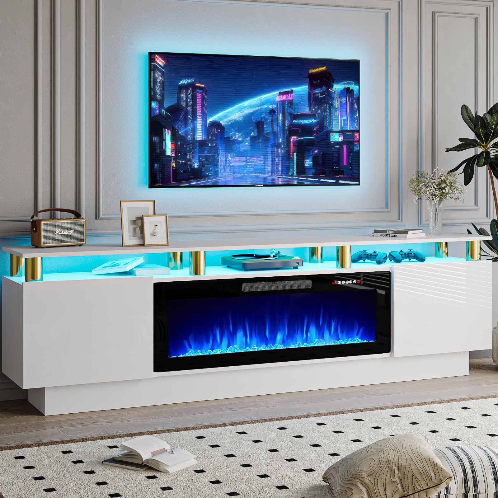 PRETZI 70" Modern Fireplace TV Stand with 36" Electric Fireplace for TVs Up to 80 inch, Luxury LED Light Entertainment Center with High Gloss Cabinet,