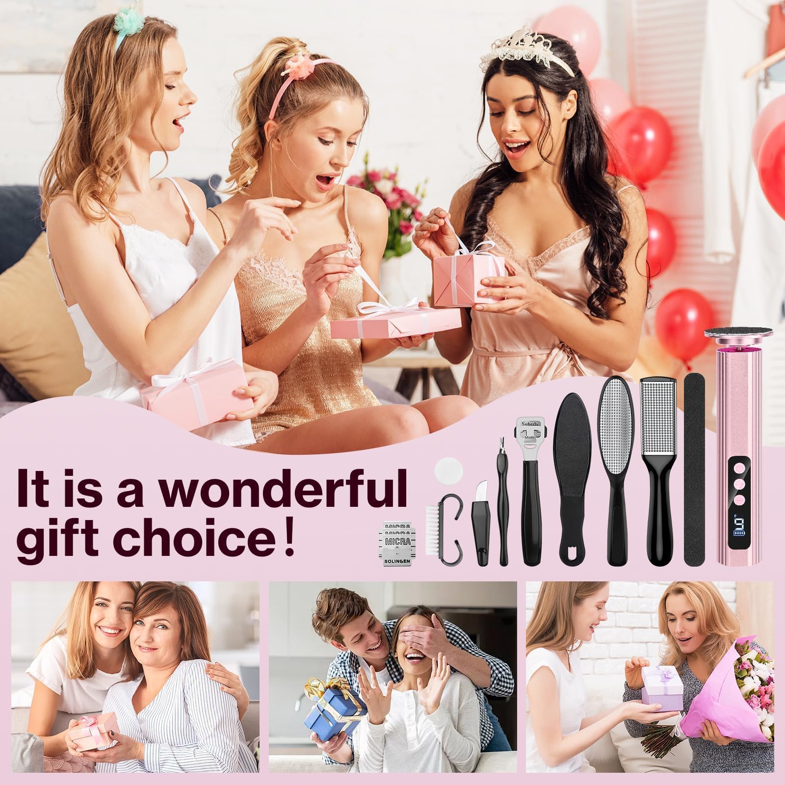 Rapeuse Pieds Electrique,14 en 1 Kit de Ponceuse Pieds et Lime Ongles,9 Vitessesavec,Ponceuse Pied Rechargeable 2000 mAh avec 40 feuilles et 20 Cercle de sable,Pour Pédicure, Callosités (Rose)