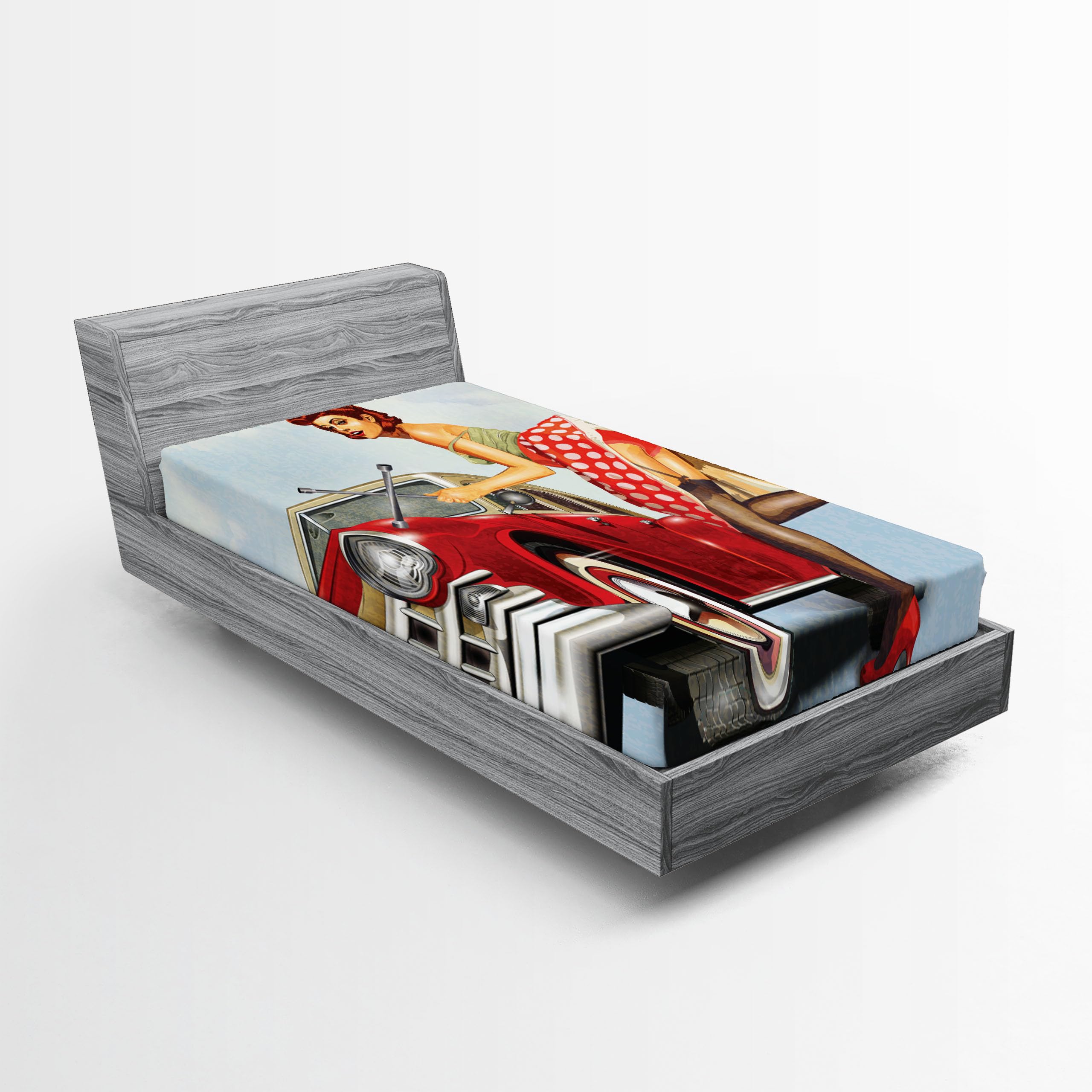 Ambesonne Pin up Girl 2 Pack Fitted Sheet, Lady Fixing The Car, Bed Cover All-Round Elastic Deep Pockets 2 Pieces, Package Contains 2 Twin Size Fitted Sheets, Red Blue