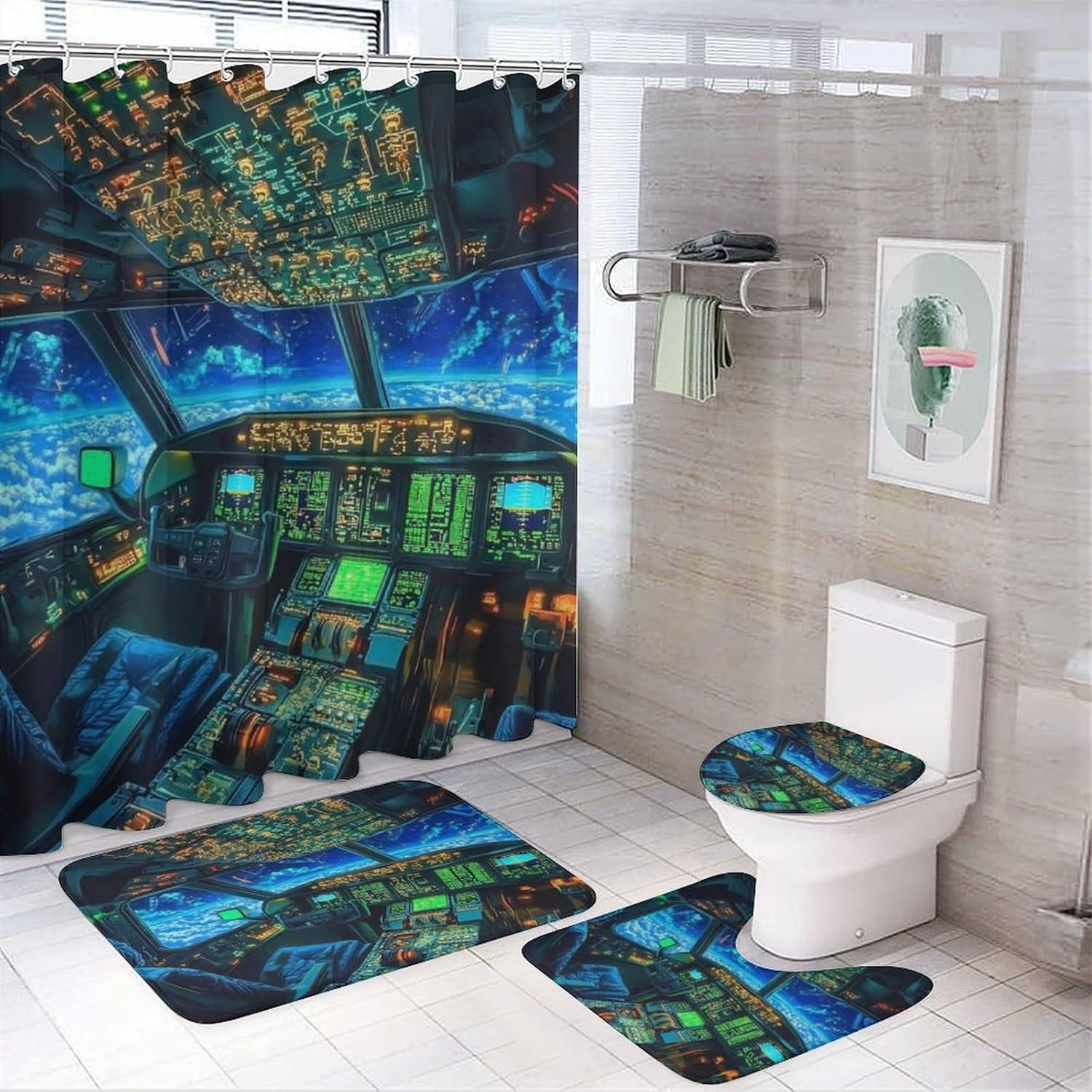 4Pcs Fantasy Aircraft View Shower Curtain Sets with Rugs, Toilet Lid Cover and Bath Mat, Sky Cockpit Theme Bathroom Shower Curtains Set with 12 Hooks