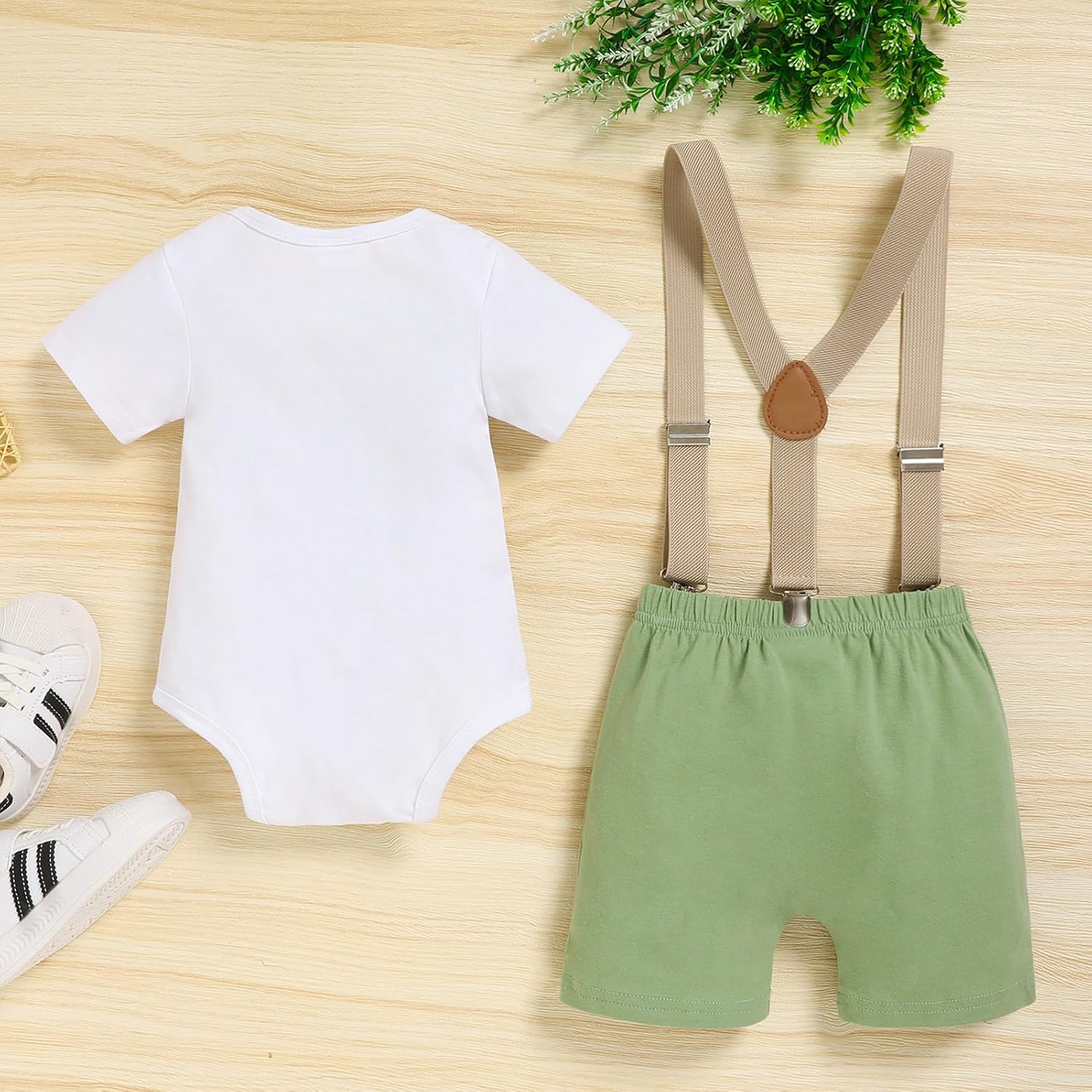 Baby Boys 1st Birthday Cake Smash Outfit Short Sleeve Bodysuit Bloomers Adjustable Y Back Suspenders Clothes Set - Image 4