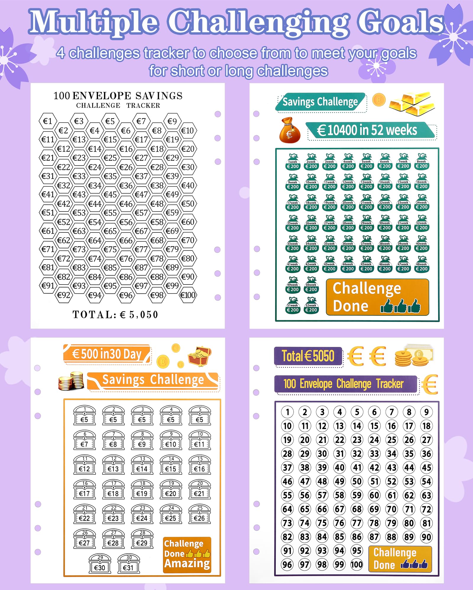 A5 Classeur Budget avec Challenge Tracker & Compartiments d'Argent Pré-Numérotés, Enveloppe Économie Argent - Violet