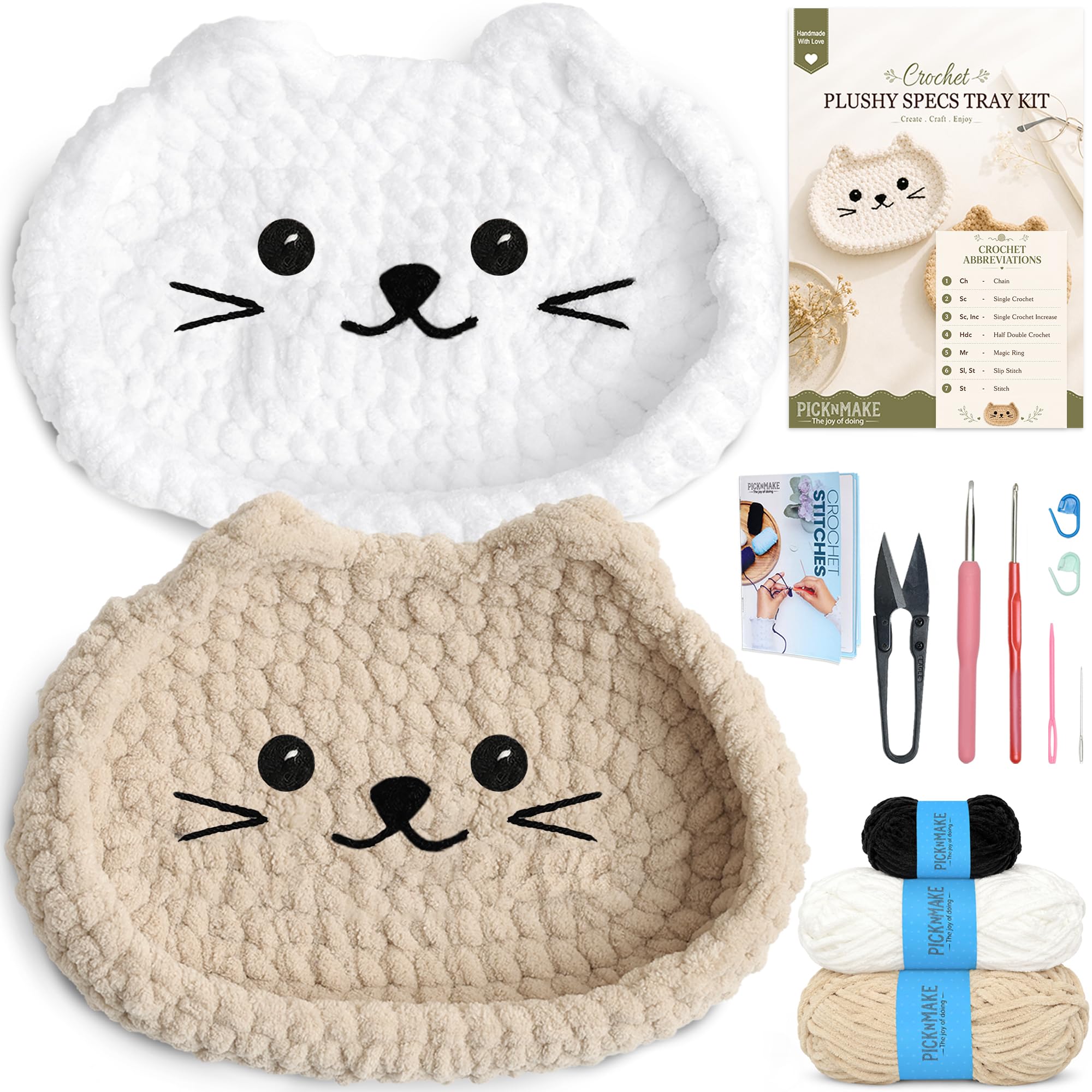 picknMAKE DIY Crochet Kit for Beginners Adults Kids | Crochet Set with Crochet Hook Set & Yarn | Cat Specs Tray Making Kit, Makes 2 Trays White & Beige | Spectacle Eyeglass Holder, Craft Hobby Gift-image-29