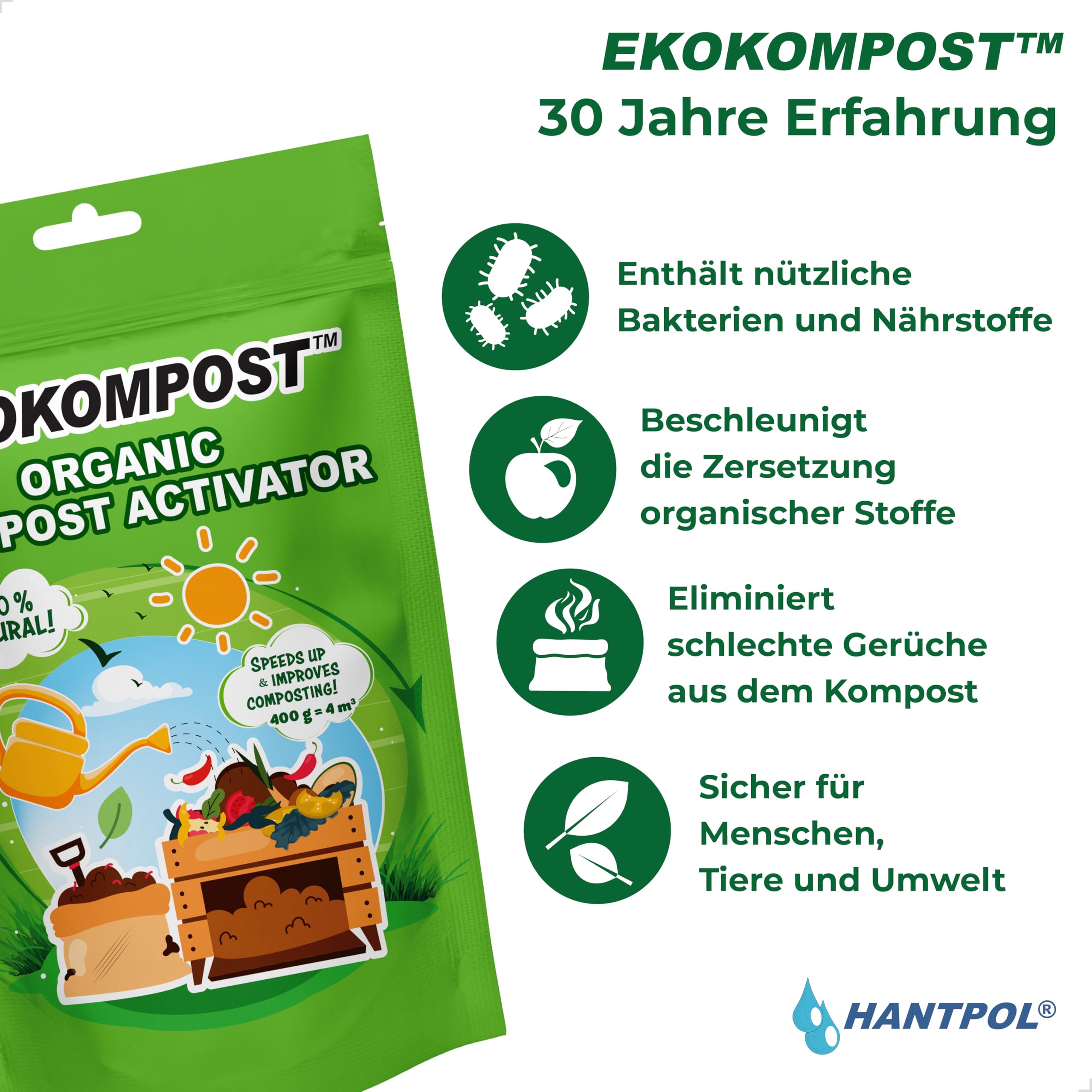 EKOKOMPOST Kompostbeschleuniger - Natürliche Mikrobiologische Kompostierhilfe - Schnellere Kompostierung durch Nutzbakterien - Für alle Kompostbehälter - 2x 400g für 8.000 L/ 8m3 Kompost