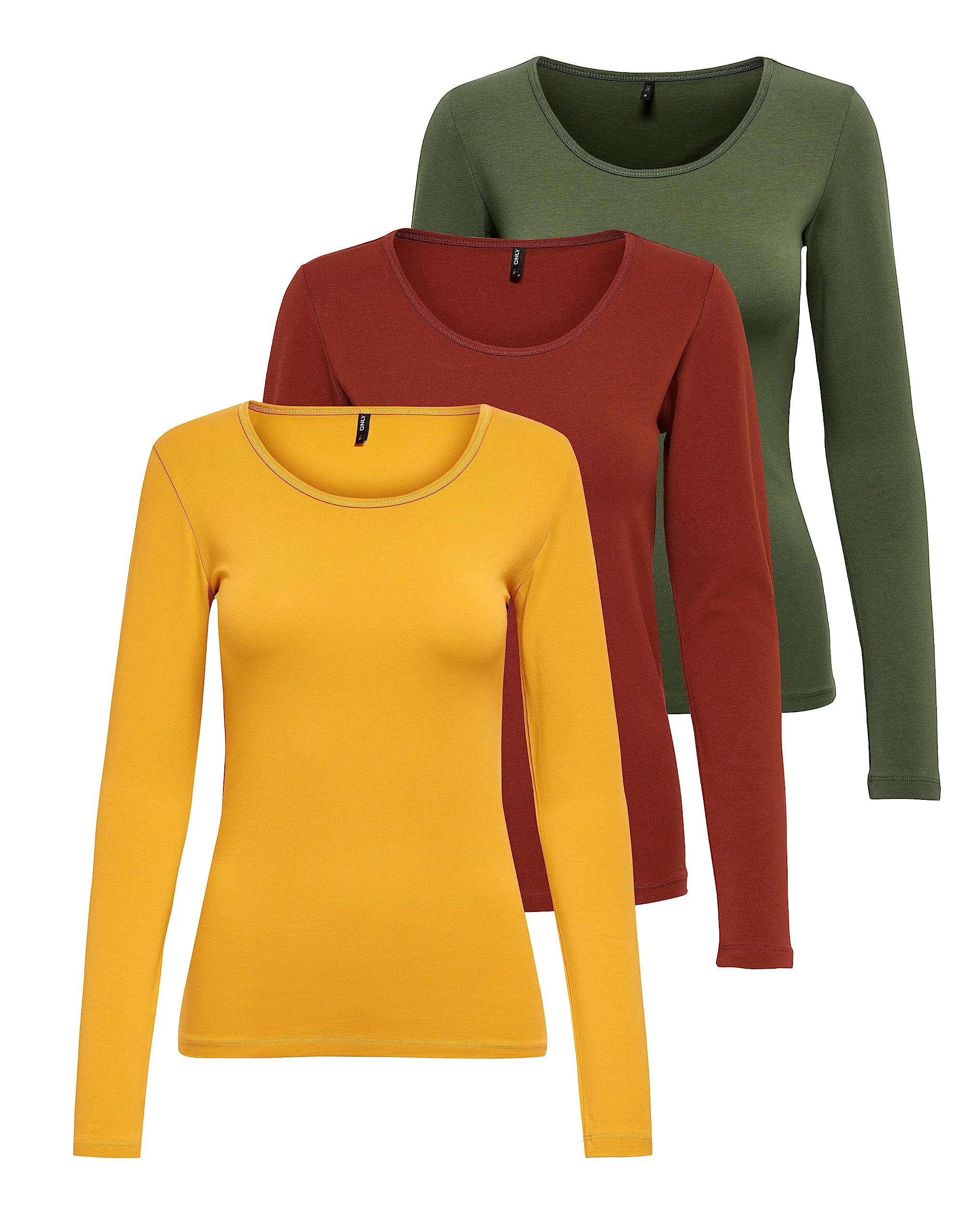 ONLY Damen Onllive Love LS O-Neck TOP 3-Pack, Kalamata/Golden Yellow/Burnt Henna, M