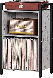 LELELINKY Record Player Stand, Industrial 2 Tier Vinyl Record Storage Cabinet with Steel Frame, Turntable Stand Holds Up to 100 Albums, Record Holder Table for Music Room, Living Room, Bedroom -Grey