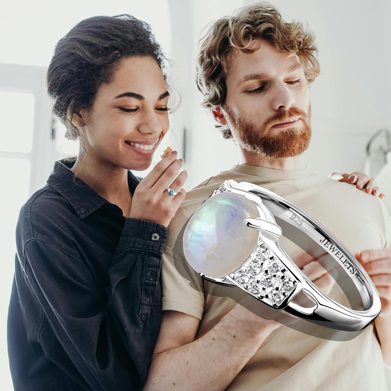 925 Silver Ring Blank 9x7 mm Prong Setting – 16 White Cubic Zirconia Accents Jewelry Base – Rhodium-Plated DIY Gemstone Setting Mount