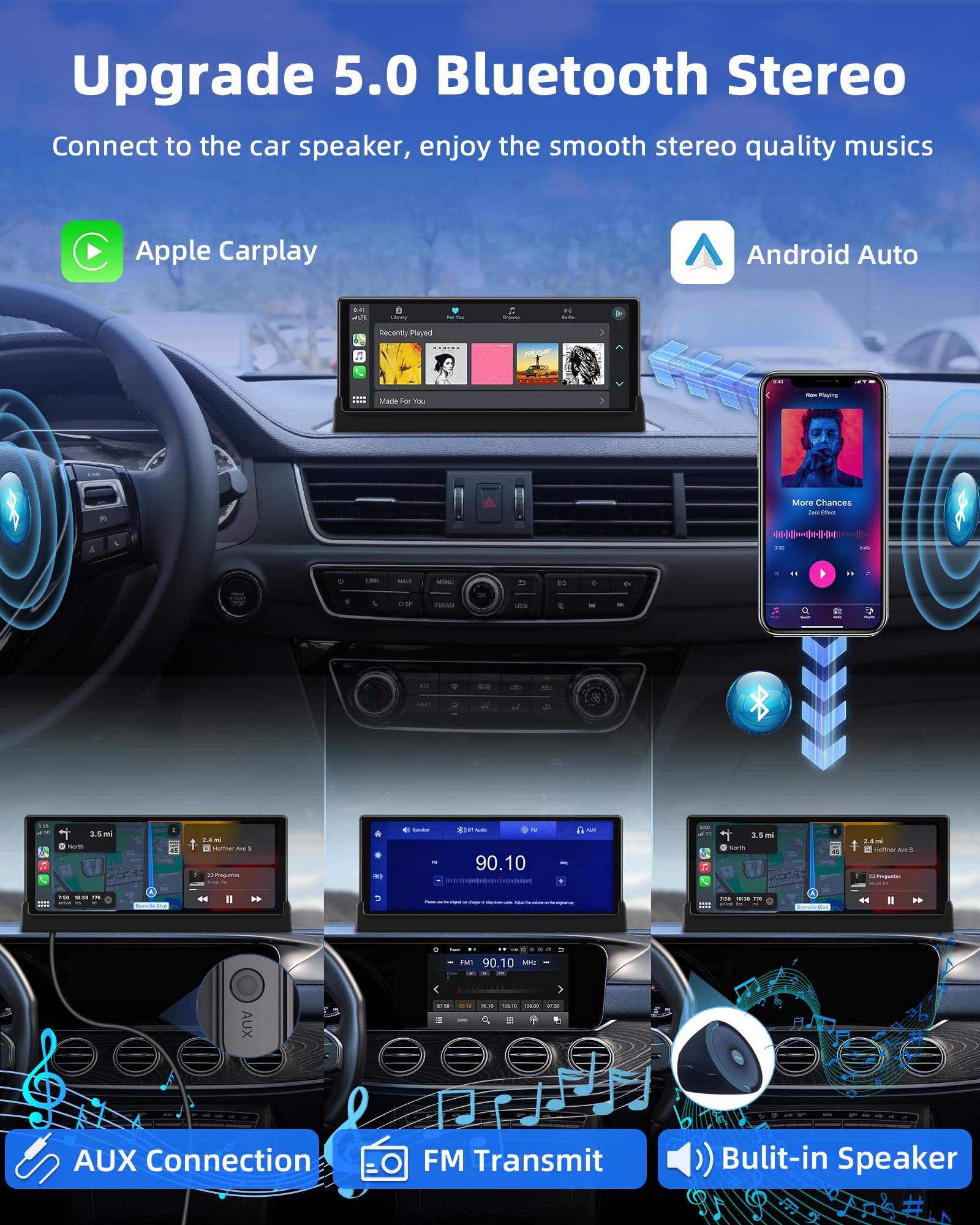 Jansite Pantalla Carplay Cocho Android Auto con Soporte Personalizado 10,26 Pulg Navegador GPS Coche Pantalla Carplay con Bluetooth Siri/GOO-gle