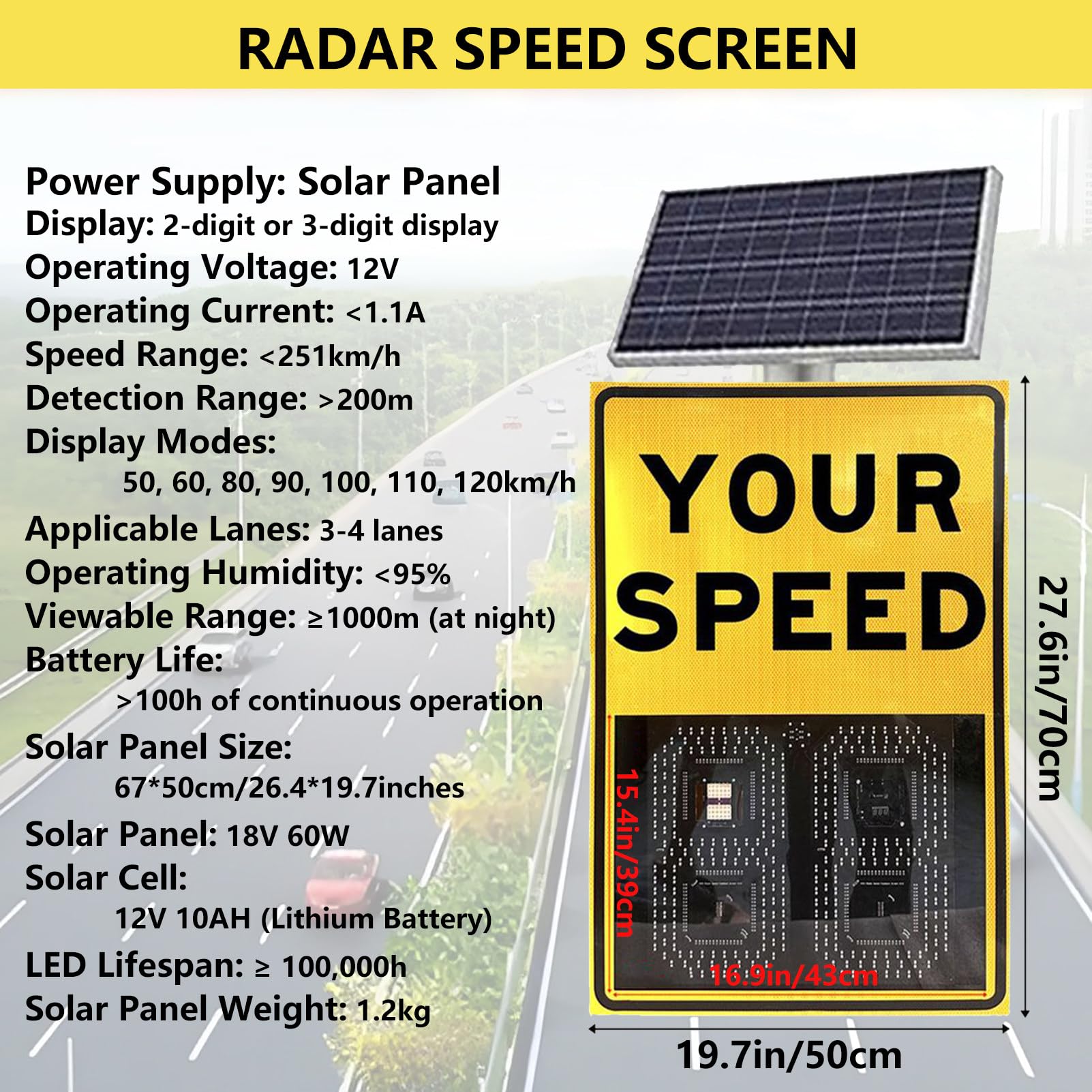 SeñAl Led de Radar con EnergíA Solar, SeñAl de Velocidad, Panel de Advertencia de TráFico con Control Remoto y Accesorios, Distancia Visible >1000 M, para Calles y Barrios Yellow-50x70cm