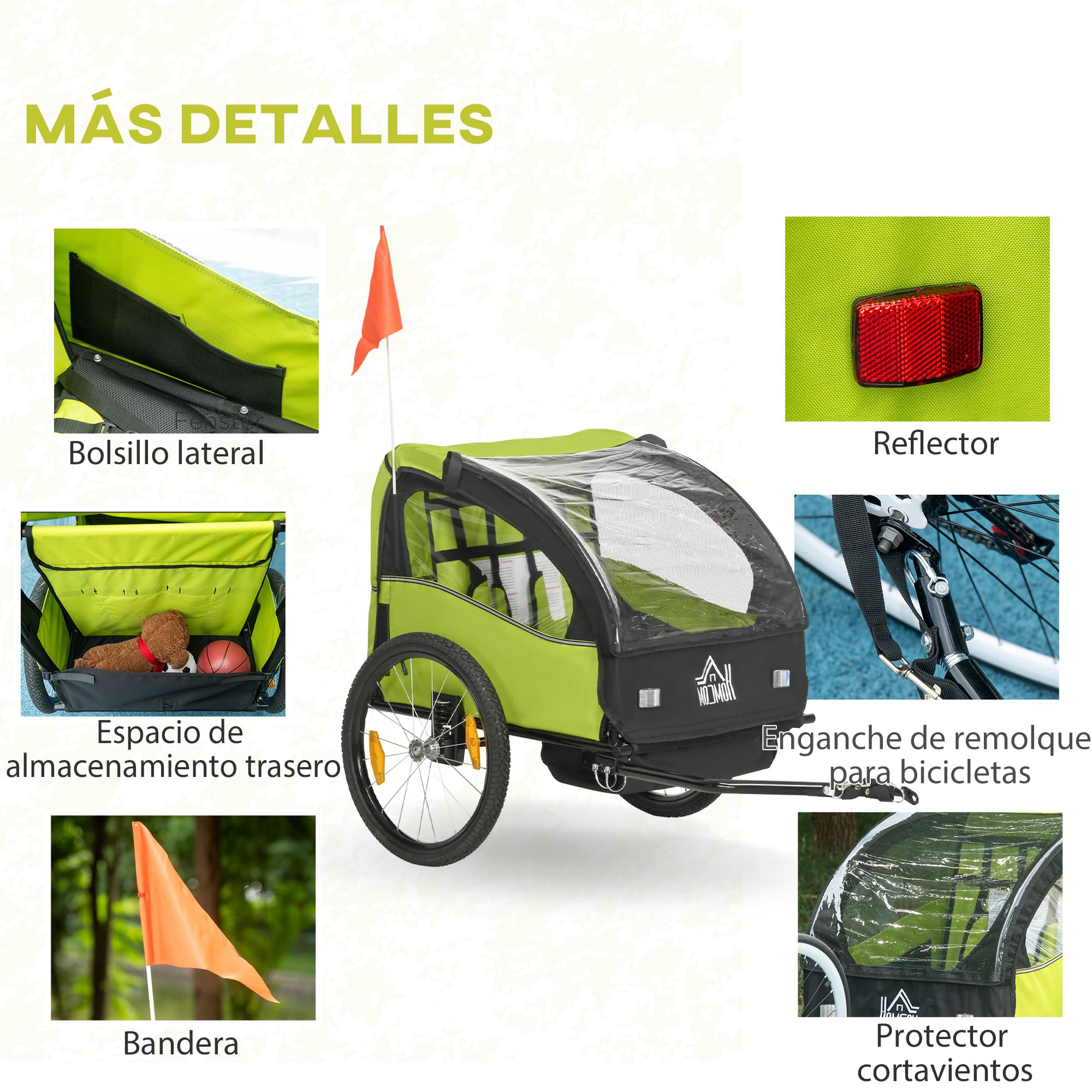 HOMCOM Rimorchio per bicicletta per bambini dai 18 mesi in su, 2 posti, con cintura di sicurezza, vano portaoggetti e sistema ammortizzatore, 140 x 88 x 90 cm, verde