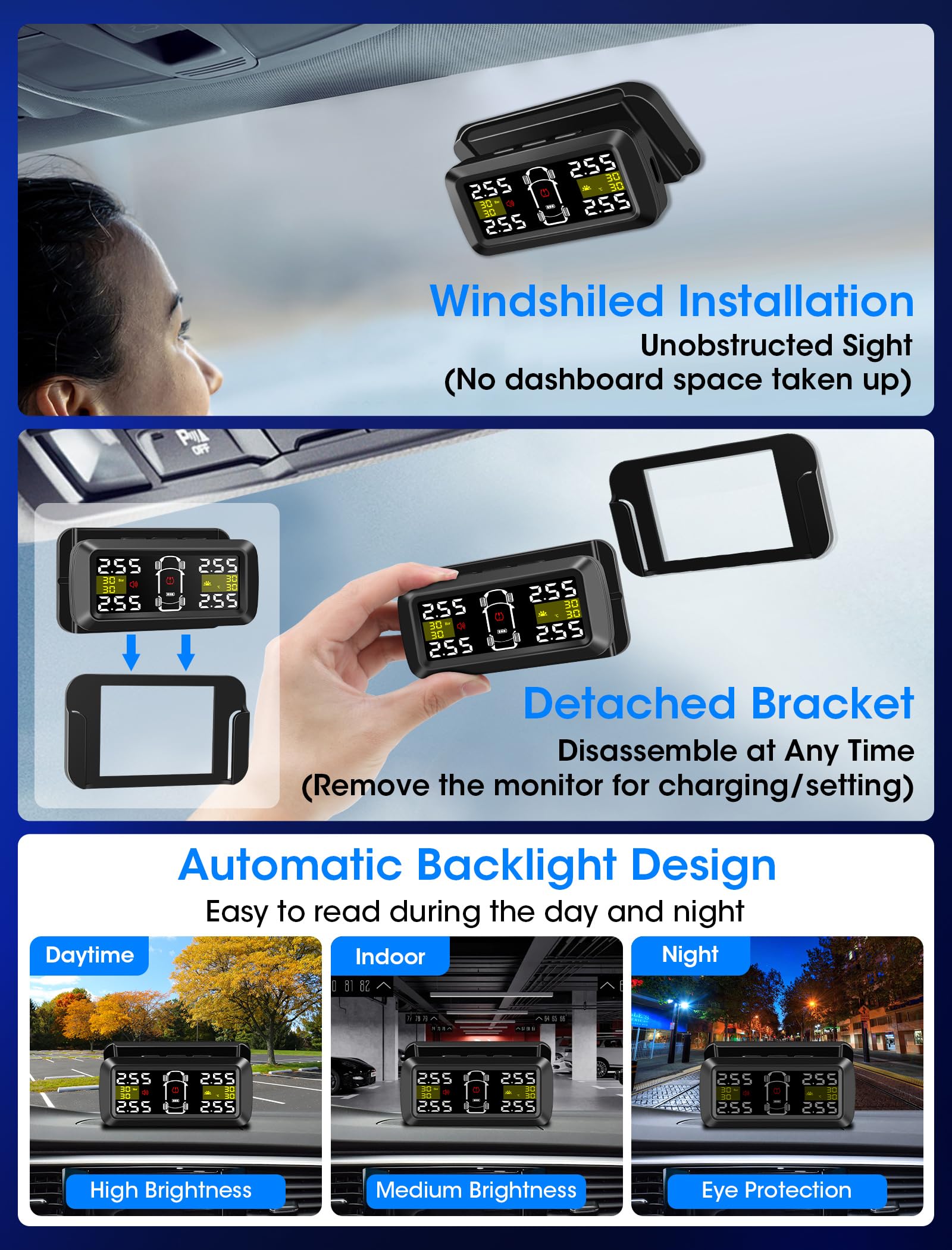 Vtopek TPMS Reifendruckkontrollsystem 3,5-Zoll Solar Reifendruckkontrollsystem mit 4/2-Rad-Modi 0,01 Bar Hochpräzise Abnehmbare Wireless TPMS Echtzeiterkennung Reifendrucksensoren Auto für Van SUV