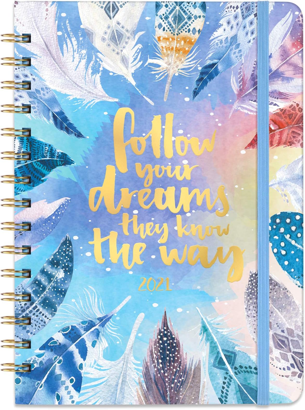 2021 Planner - Weekly & Monthly Planner with Tabs, 6.3" x 8.4", Hardcover with Back Pocket + Thick Paper + Banded + Twin-Wire Binding - Watercolor Feathers