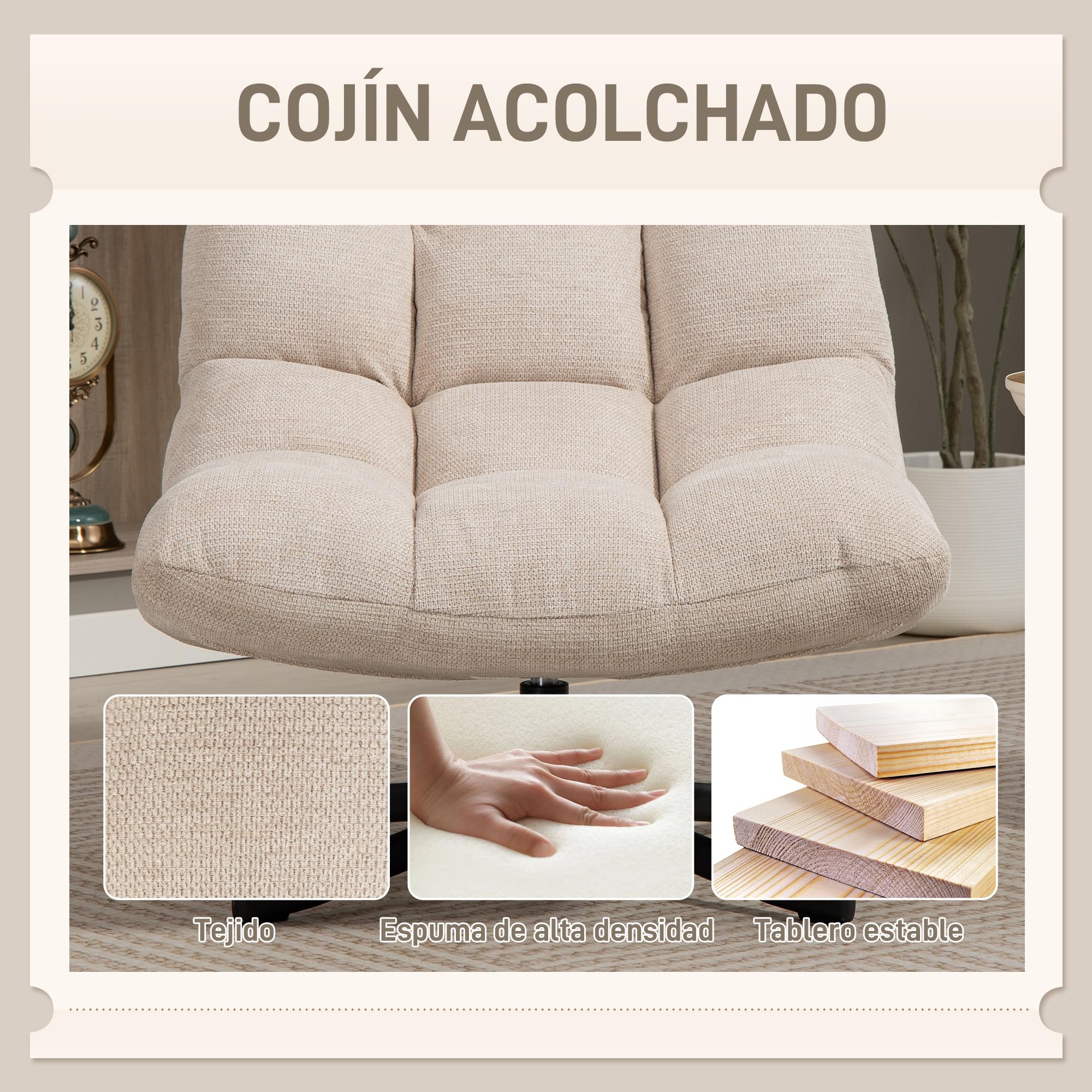 HOMCOM Sillón Giratorio Moderno, Butaca de Salón con Respaldo Plegable, Base de Cruz, Tapizado en Chenilla Impermeable, Asiento Extra Ancho y Patas de Acero, para Sala de Estar, Dormitorio, Crema