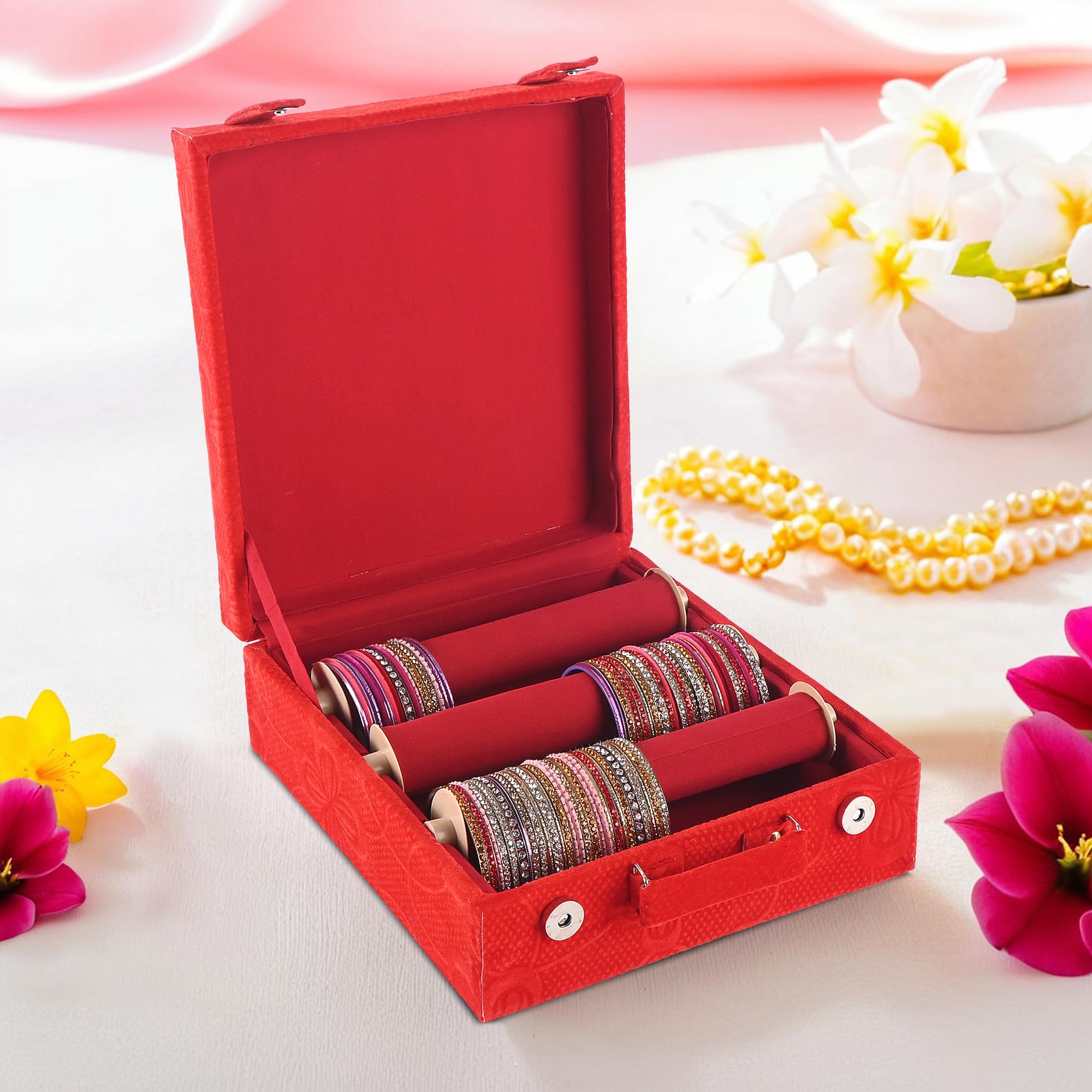 Kuber Industries 3-Rod Removable Bangles Organisers Storage Box with Magnetic Lock | Wedding Jewellery Organizer Case with Handle & Bangles Box for Women | Floral Print - Red