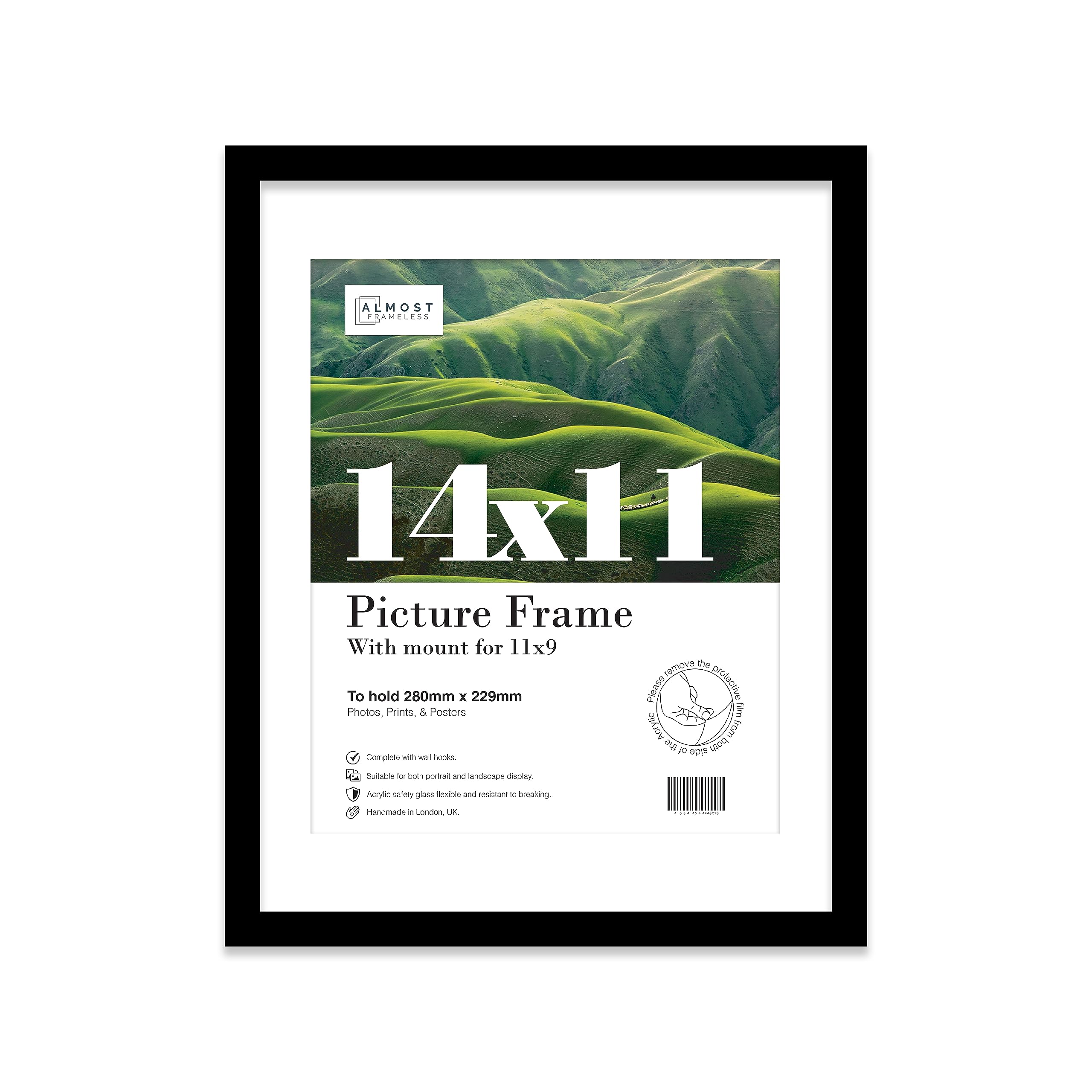Almost Frameless 14x11 Black Picture Frame With Mount for 11x9 Print, Poster or Photo Poster, Photo, Artwork, or Print. Thin Edge Slim Frame Portrait and Landscape Display with Wall Hooks