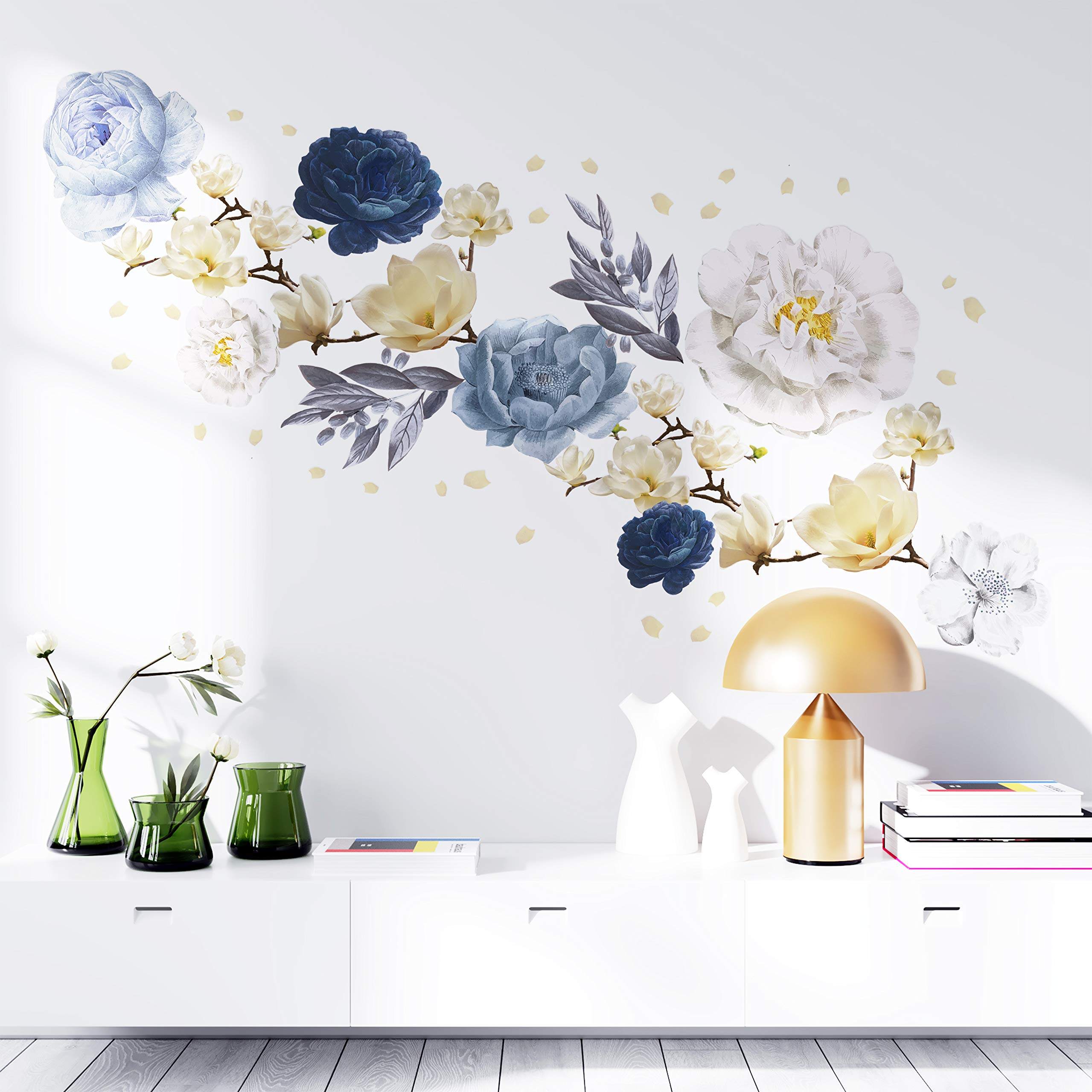 WALPLUS White Magnolia with Blue Watercolour Flowers Peel and Stick Wall Stickers Self- Adhesive Decals Art Vinyl Home Living Room Office Decors DIY Kids Children Spring Easter Decoration