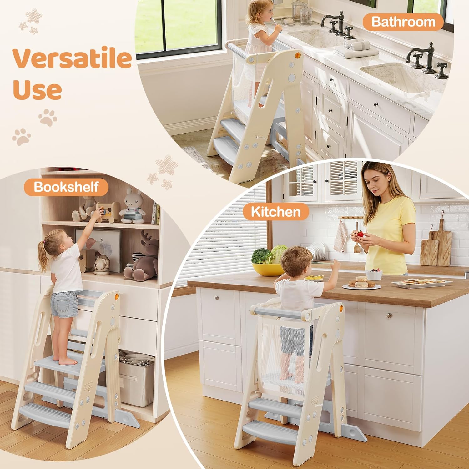 Onasti Foldable Toddler Tower Kitchen Stool Helper, Adjustable Height Learning Standing Tower with Safety Rail, Anti-Slip Steps, Kids Step Stool for Kitchen Counter and Bathroom Sink-Grey