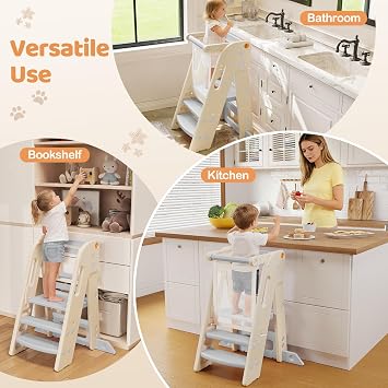 Onasti Toddler Learning Tower, Foldable Toddler Tower with Safety Bar, 3 Step Adjustable Height, Kitchen Step Stool for Kids with Handles, Non-slip, for Kitchen Counter Bathroom Sink(Grey+white)