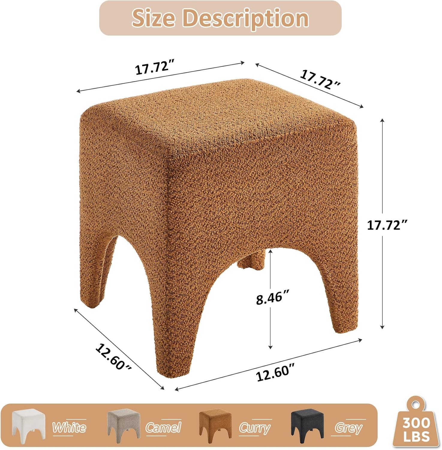 17" Boucle Modern Square Foot Stool Ottoman, Vanity Stool for Makeup, Rectangle Foot Rest for Couch, Upholstered Ottoman Stool for Living Room, Bedroom, Entryway (2, Curry)