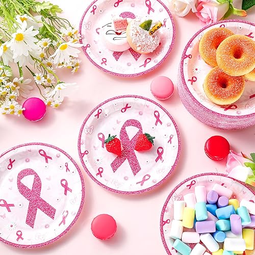 Miniatura 2 de 100 platos de papel de concientización sobre el cáncer de mama de 7 pulgadas, platos desechables rosados, redondos, decoraciones de cáncer de mama,