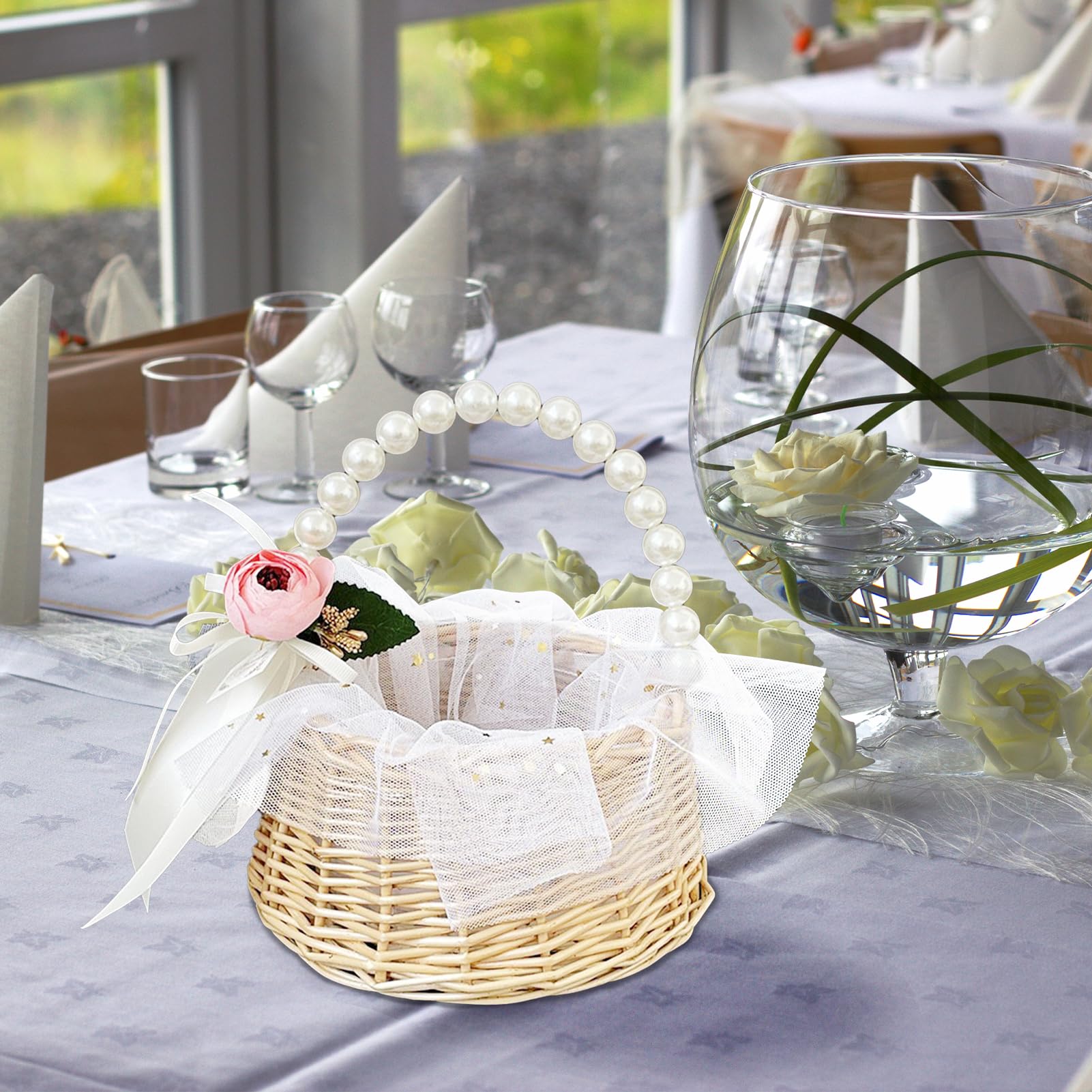 Weidenkorb-Set Für Blumenmädchen – 2 Körbe + 2 Handgelenk-Corsagen, Rattan Mit Perlengriff