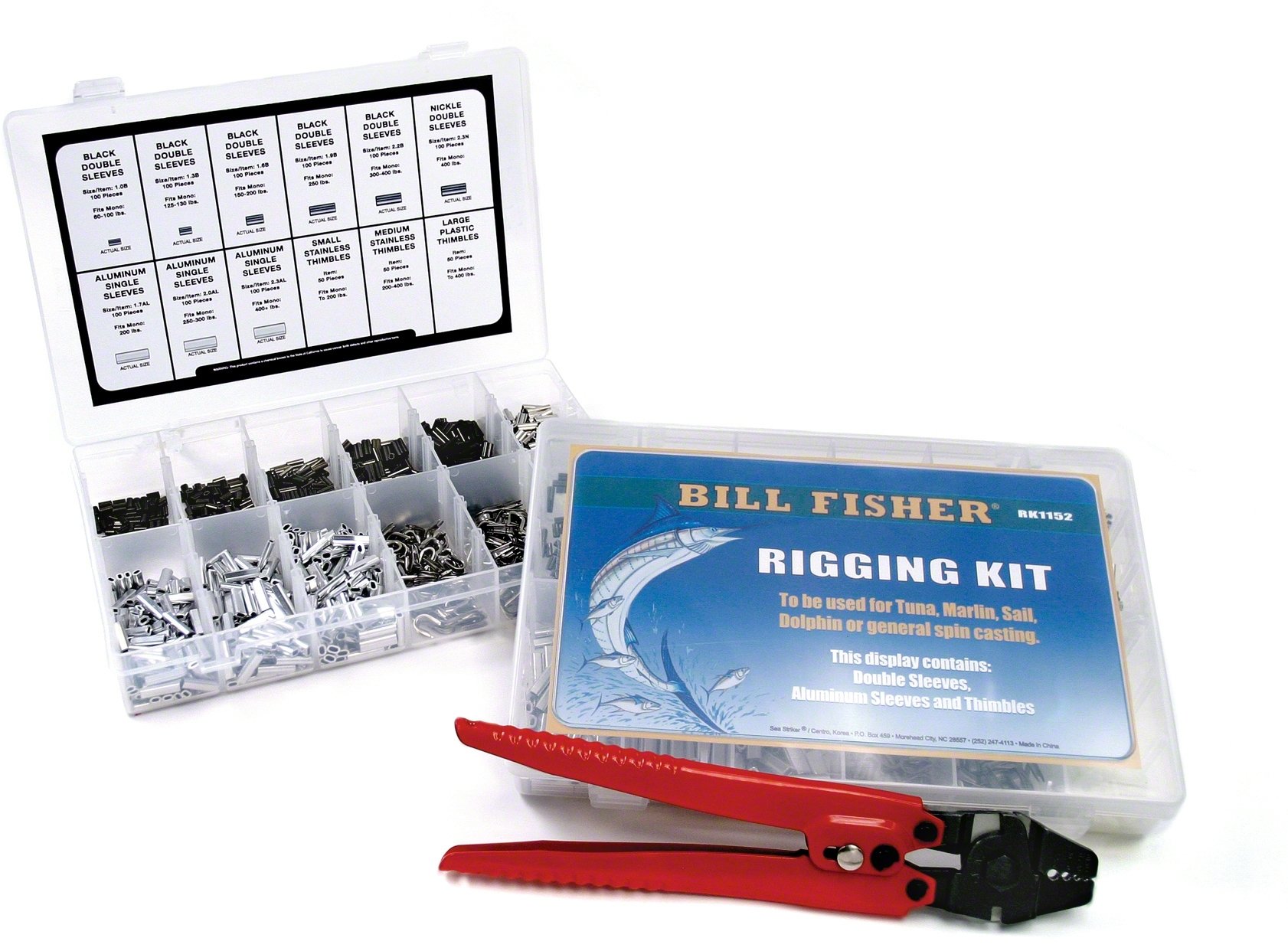 BillfisherFishing Line Rigging Kit | 1,050 Billfisher Offshore Components with Handy Storage Box | Fishing Wire Kit | with & Without Crimper