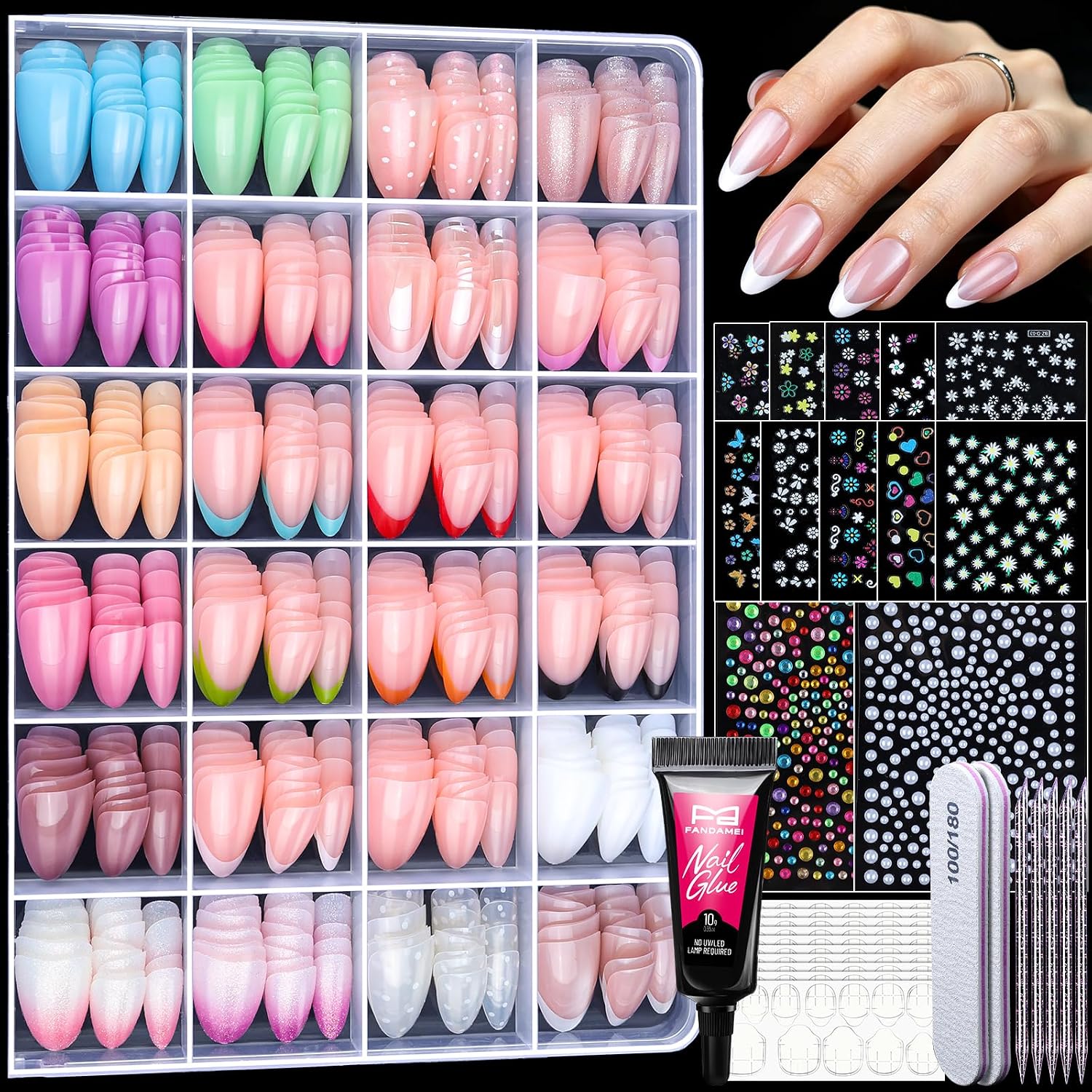FANDAMEI Press on Nails Short Almond, 24 Colors French Tip Press on Nails, Natural Fit Fake Nails French Almond, Glue on Nails Short with Semi Solid Nail Glue, Nail Art Stickers, No UV Light Needed