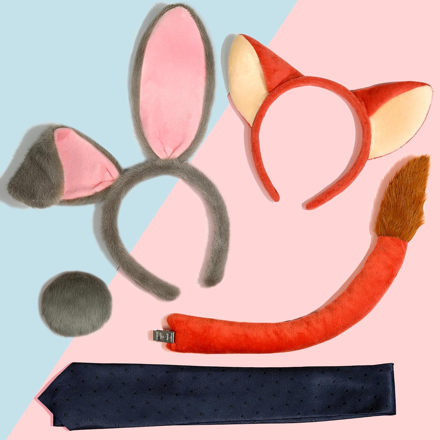 5PCS Grey Bunny Ears and Tail & Fox Ears Headband and Tail for Women Men Adult, Couples Halloween Costume Accessories for Cosplay Dress Up - Image 2