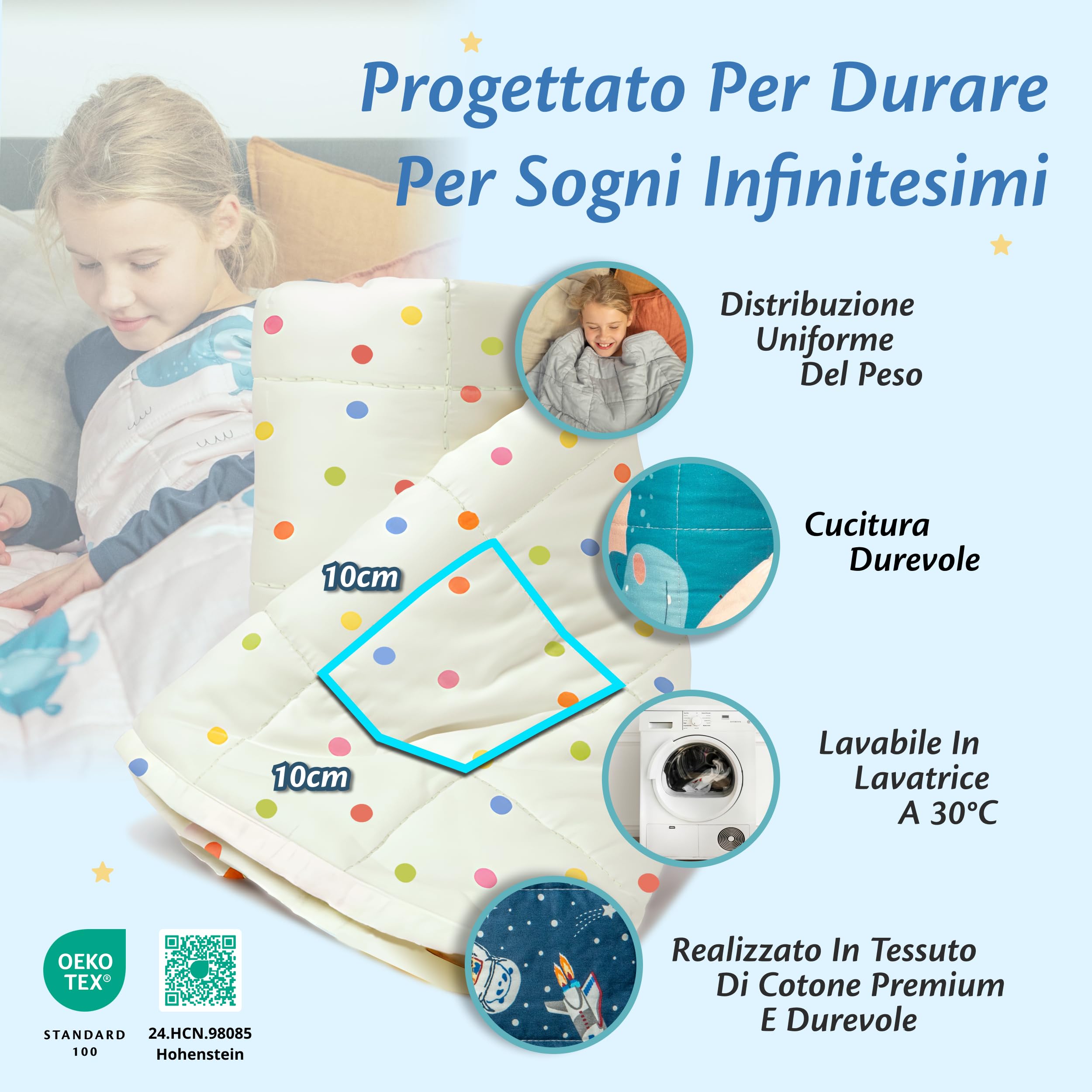 Ella Coperte Ponderate Bambini 2,4kg 90x120cm - Coperta Ponderata Rilassante per il Sonno - Perle di Vetro Ipoallergeniche, Strato Esterno in Cotone Morbido e Fresco - Per Bambini 15-25kg - A pois