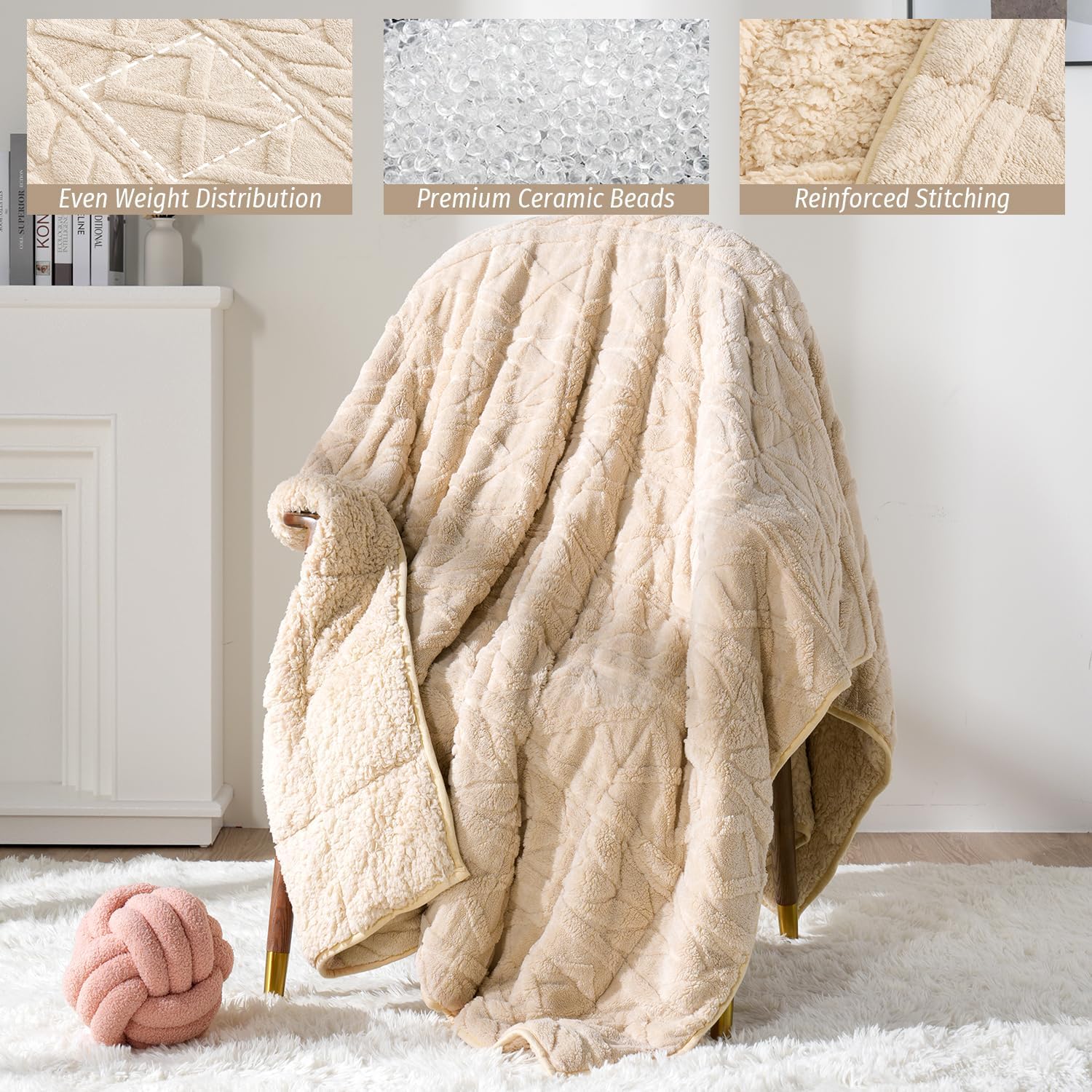 Wemore Jacquard Fleece Weighted Blanket Twin Size 48" x 72" 15lbs, Ultra Soft Cozy Sherpa Weighted Blankets for Adults, Ultra Fuzzy Heavy Blanket, Fluffy Warm Throw for Winter, Light Khaki - Image 5