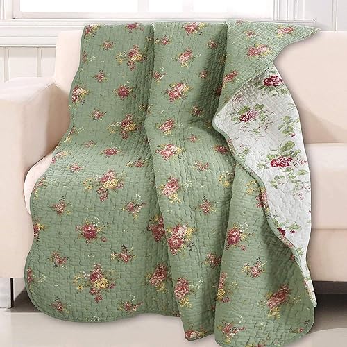 Miniatura 3 de Cozy Line Home Fashions Manta reversible de algodón acolchado festoneado con estampado floral vintage, verde salvia, rosa, amarillo, 60 x 50 pulgadas