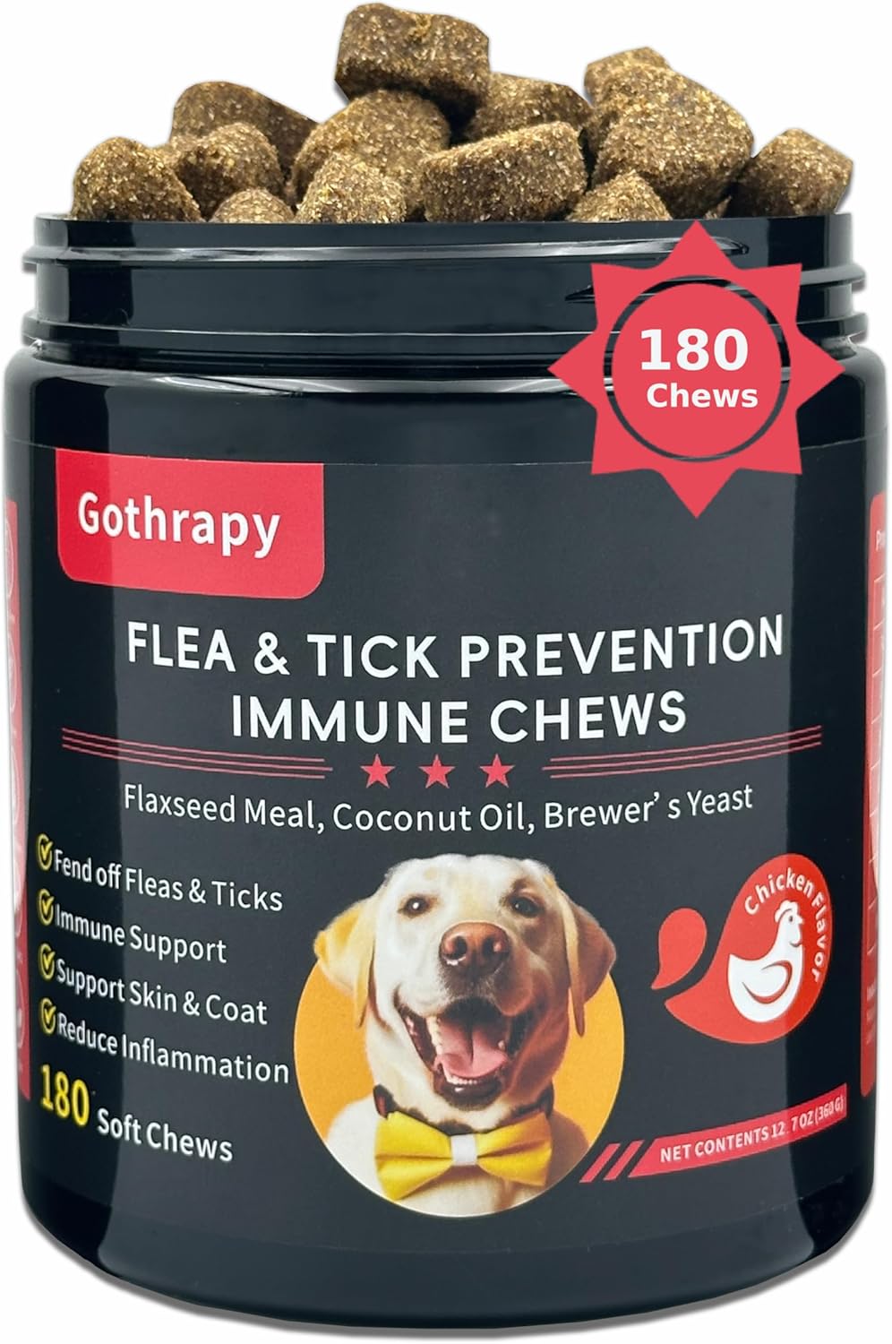 Flea and Tick Prevention for Dogs – 180 Vet-Approved Natural Soft Chewables Treatment | US-Formulas Oral Supplement for Puppy, Adult & Senior | All Breeds Sizes – Chicken Flavor