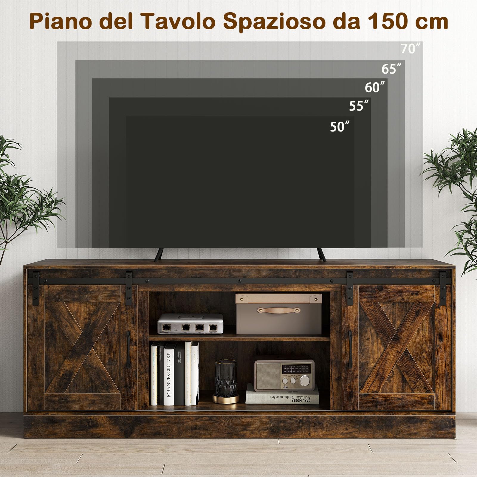 COSTWAY Mobile TV Soggiorno fino a 70'', Tavolino Porta TV con Porte Scorrevoli, Ripiani Regolabili, Consolle Media 150 cm per Soggiorno, Camera da Letto e Ingresso