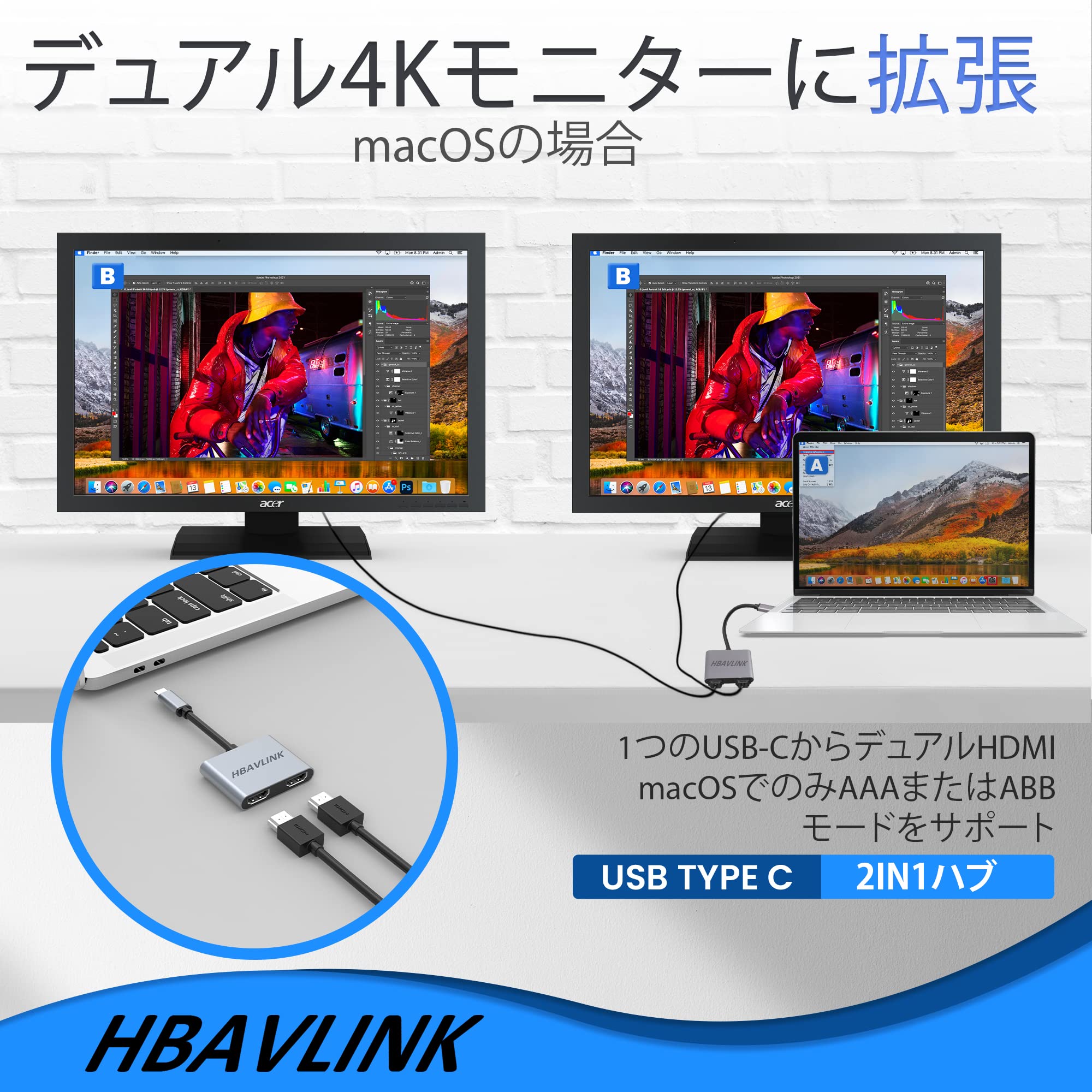 Dual monitor adapter type c to hdmi 4K デュアル モニター用 8K DisplayPort - デュアル HDMI アダプター