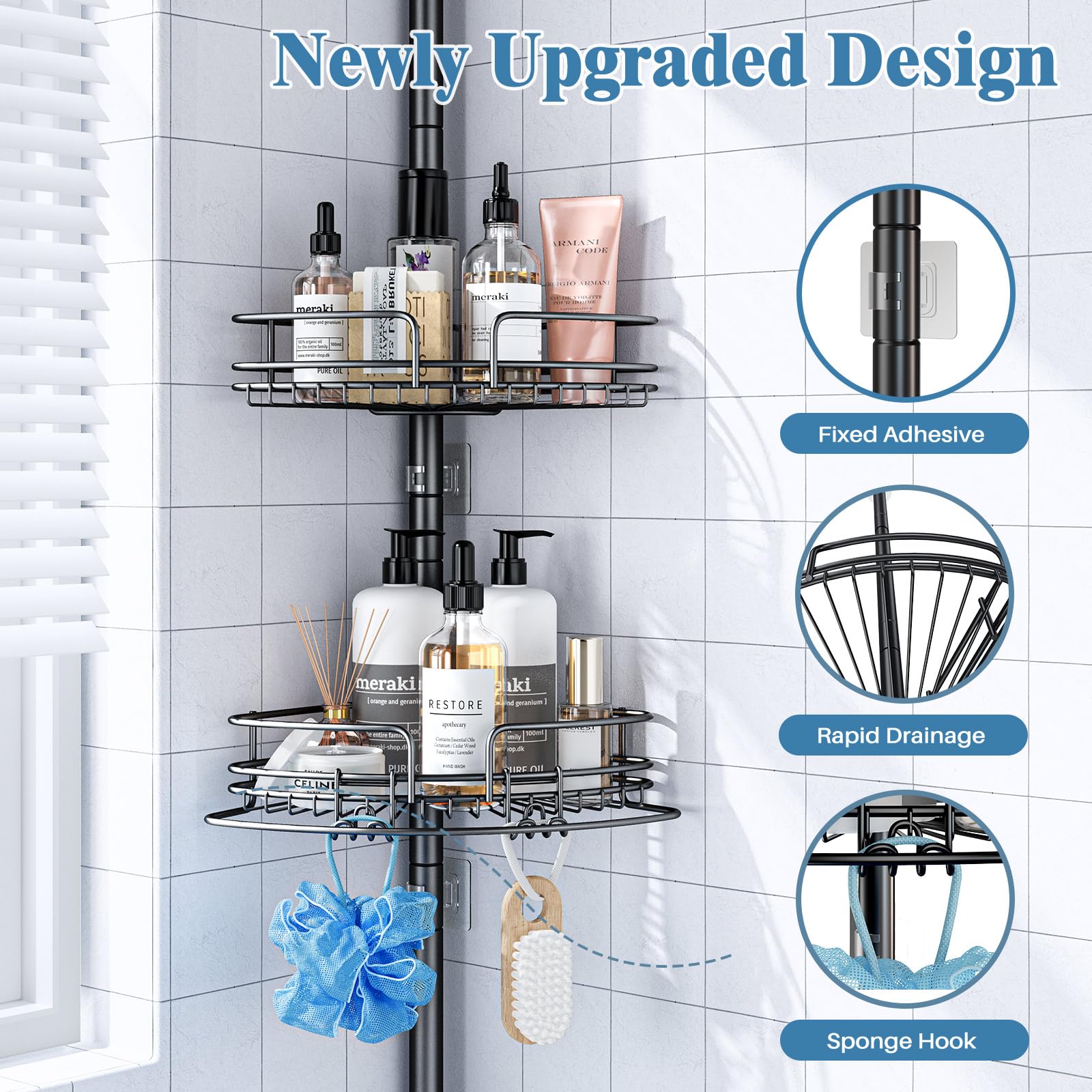 PKBD Etagere Douche Telescopique Sans Percage, Hauteur Réglable de 58,5 à 317,5 cm, Étagère d'angle Douche Avec 4 Paniers, Noir