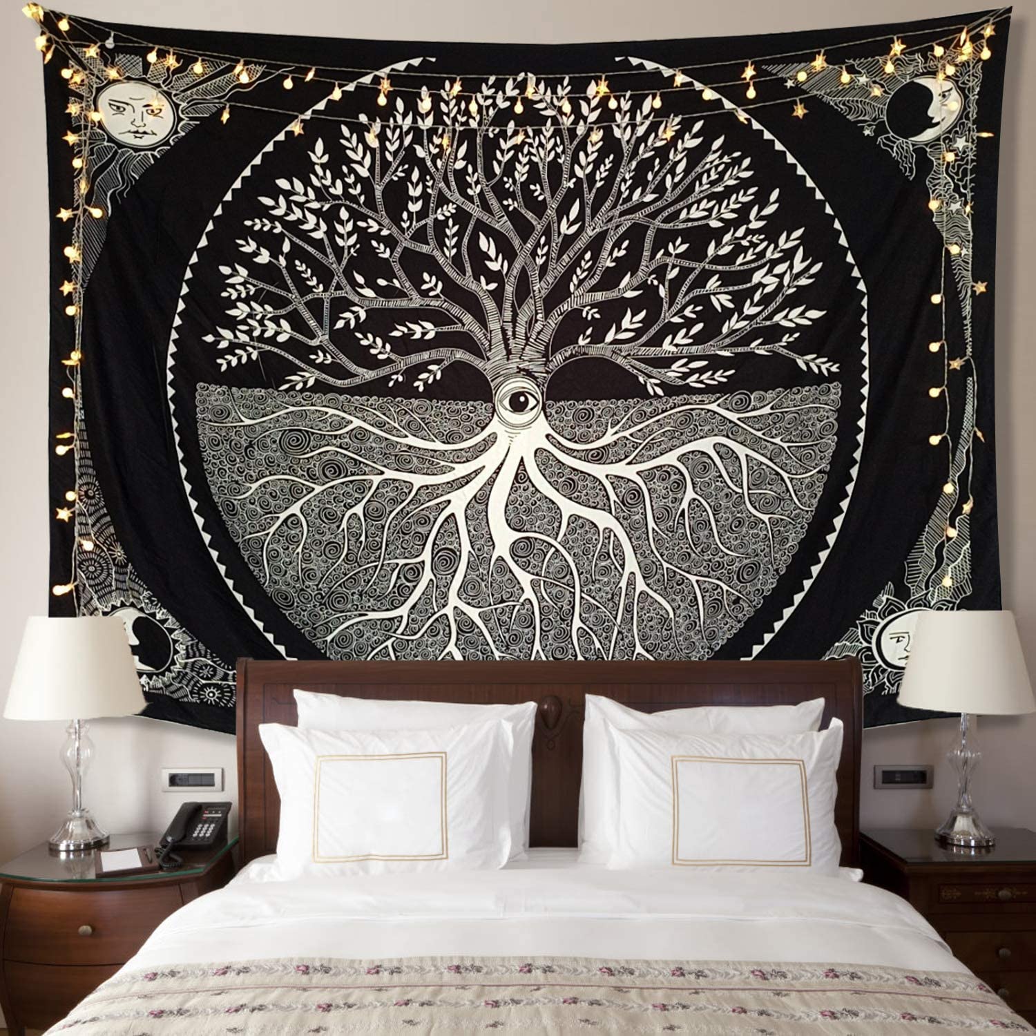 KASTWAVE Tapestry for Bedroom, Tree of Life Tapestry Moon and Sun Mystic Tapestry Wall Moon Star Night Black and White Galaxy Tapestry for Bedroom Aesthetics Dorm Home Wall Art Decors, 130 * 150CM