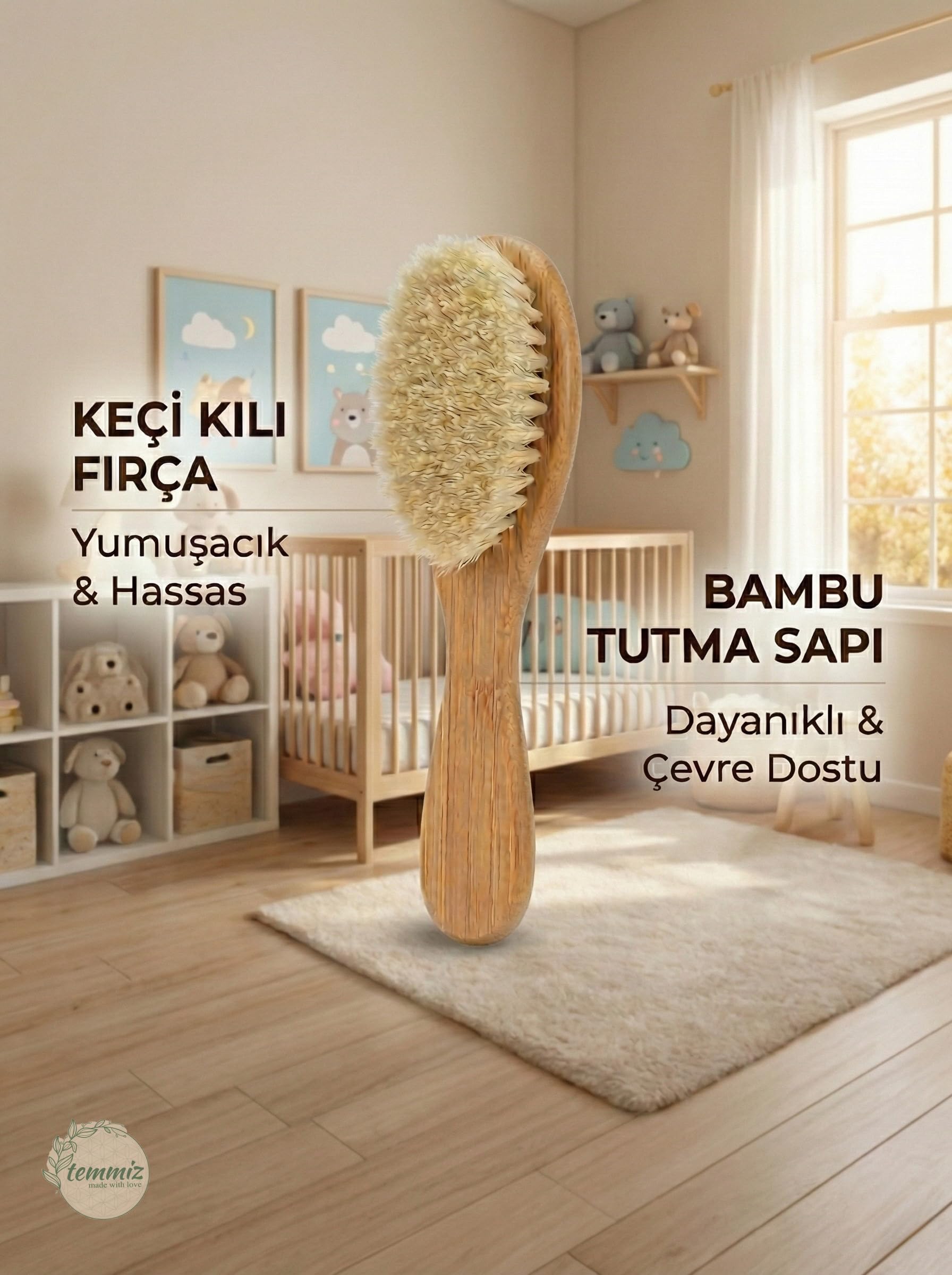 Temmiz Bambu Bebek Saç Fırçası, Yumuşak Keçi Kılı Fırça, Bambu Sap Kısmı Tamamen Doğal Materyal, Bebek Bakımı İçin Hem Sürdürülebilir Hem Nazik Fırça