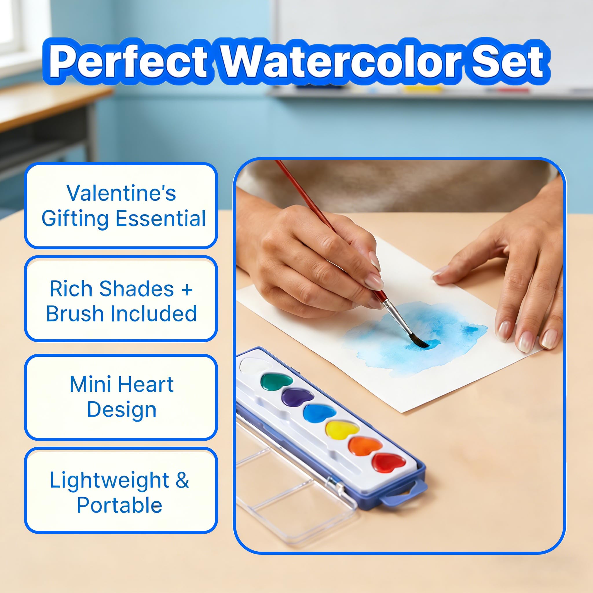 Heart Shaped Watercolor Paint Set -12 Pack Valentines Day Classroom Gifts Bulk, Party Favors for School Class Preschool (12pc,8 colors) — view 3