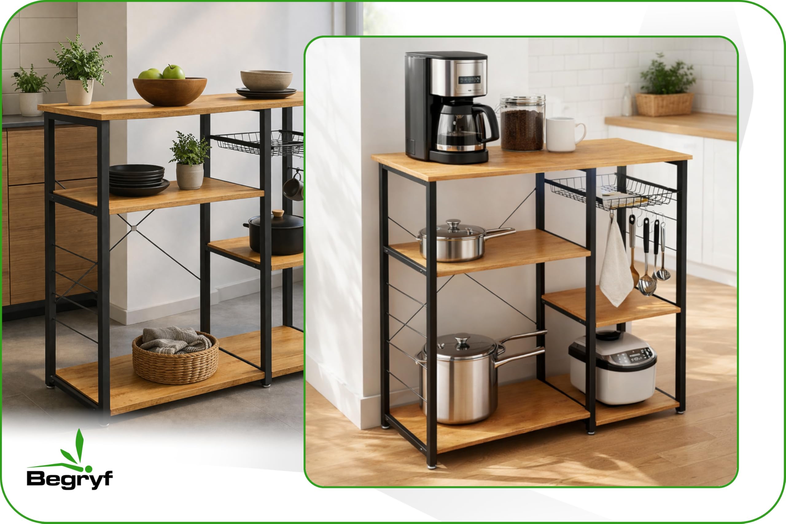 Küchenregal freistehend, Mikrowellenregal mit 4 Ablagen, Drahtkorb und Hakenleiste, Küchenorganizer im Industrial Design aus Metall und Eichenoptik, 90 x 40 x 84 cm