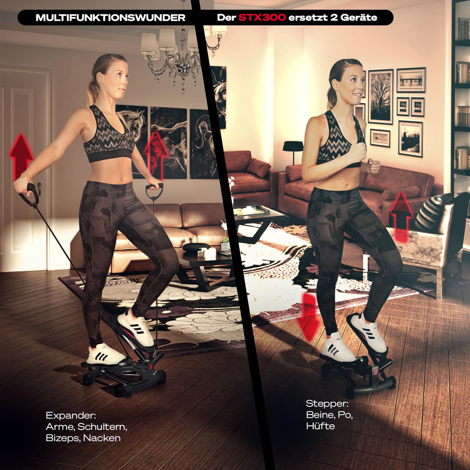 Sportstech STX300 2in1 Mini Stepper für Zuhause mit Power Ropes, Up-Down & Twist Stepper, Widerstand einstellbar, LCD Display, Ganzkörper Hometrainer, max. 120 kg
