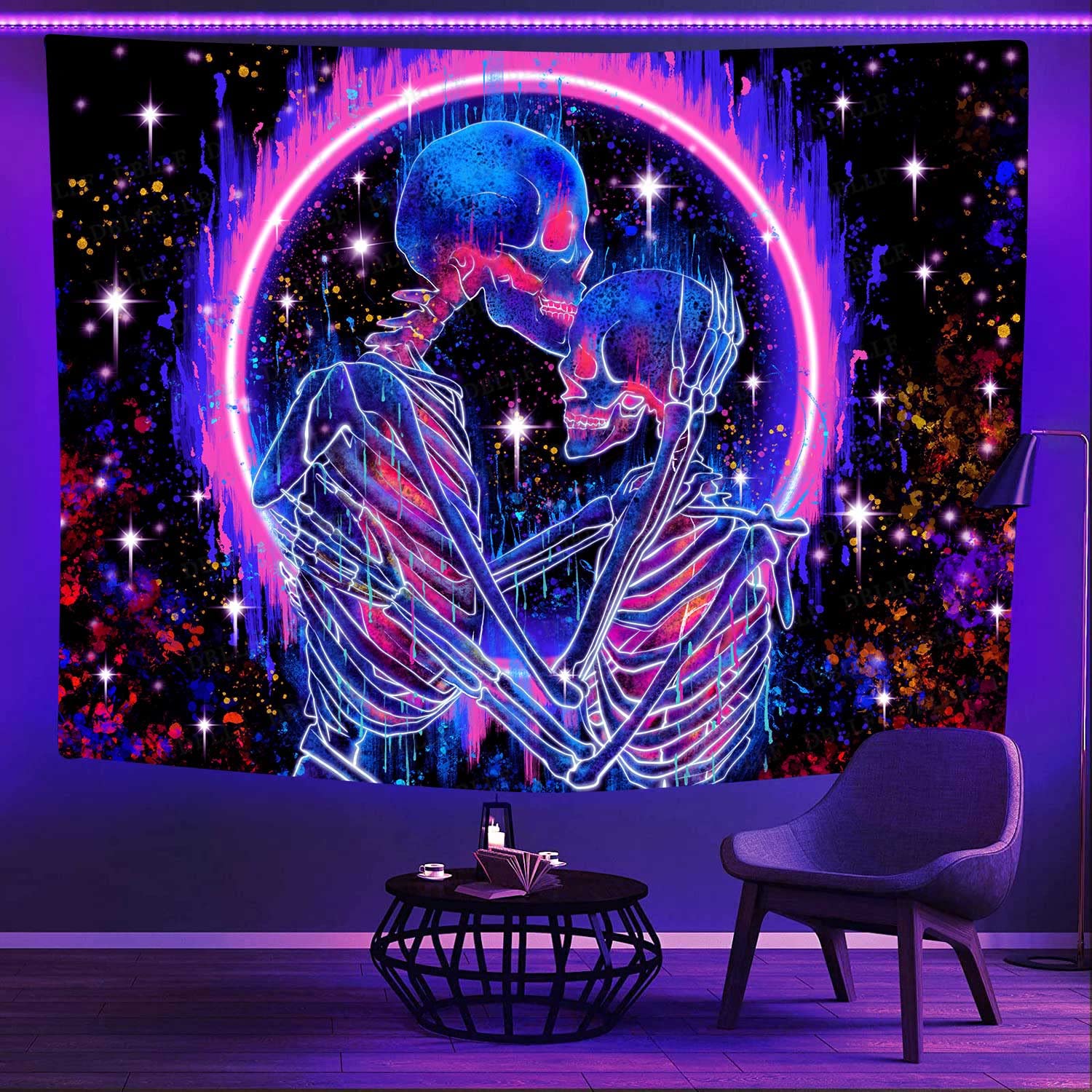 DBLLF Blacklight Skeleton Tapestry The Kissing Skull Lovers Blacklight Tapestry UV Reactive Tapestries Glow in Dark Black Tapestry, Wall Hanging Decor for Bedroom Living Room 80X60 Inch YGTZYDB83