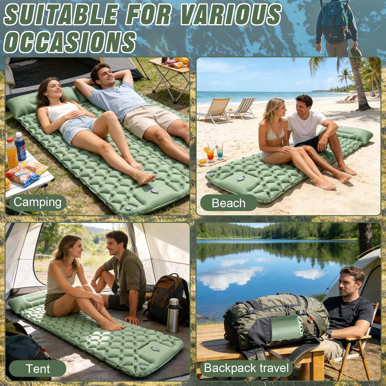 Colchoneta Autoinflable para Dormir para Acampar, Utraligero Esterilla Inflable Portatíl Colchón Individual, concon Bomba de Pie para Camping, Exteriores, Viaje(Verde)