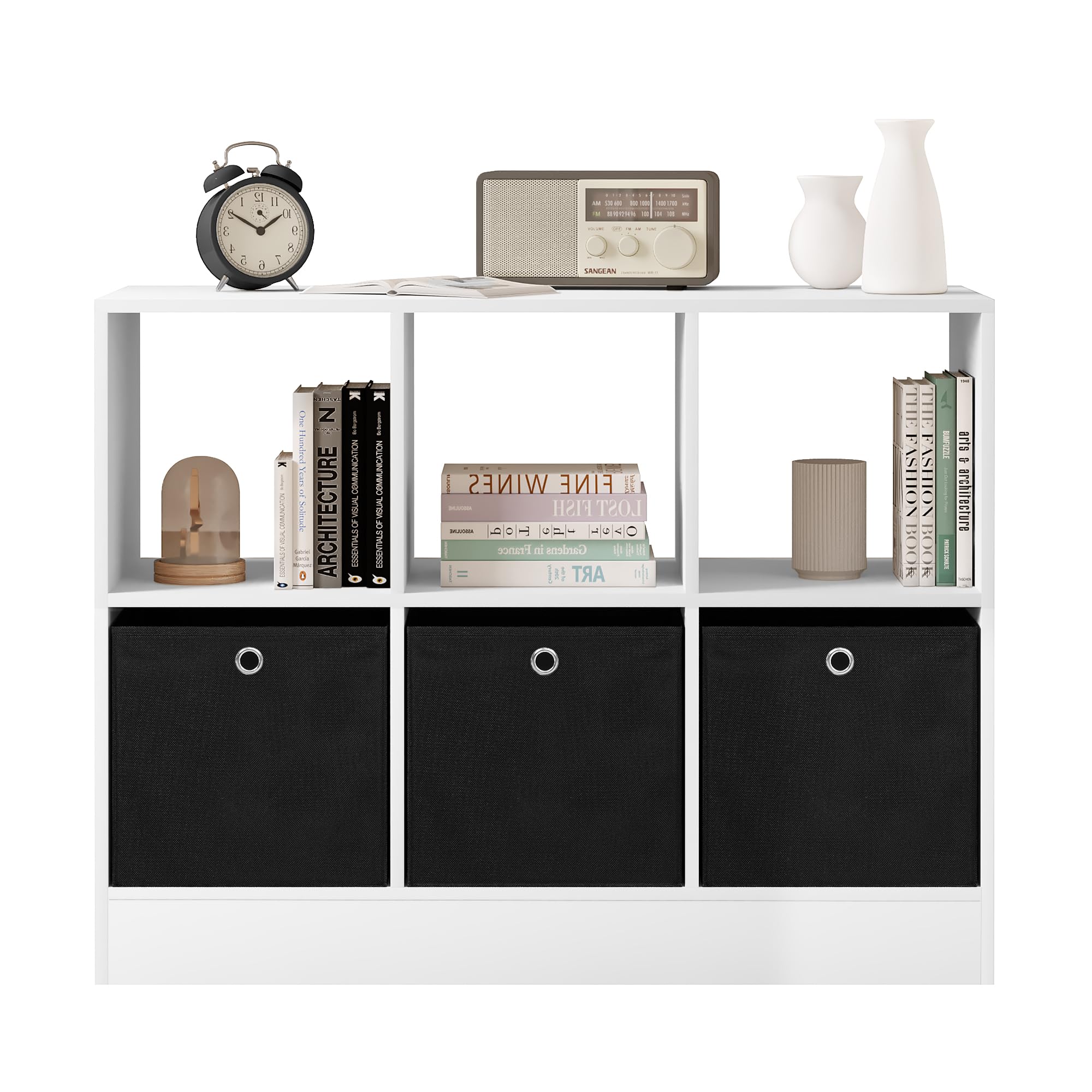 WOLTU Bibliothèque Étagère, Meuble Cube | avec 6 Casiers et 3 Tiroirs en Tissu, Organisation pour Salon, Bureau, 30 x 80 x 60 cm, Blanc