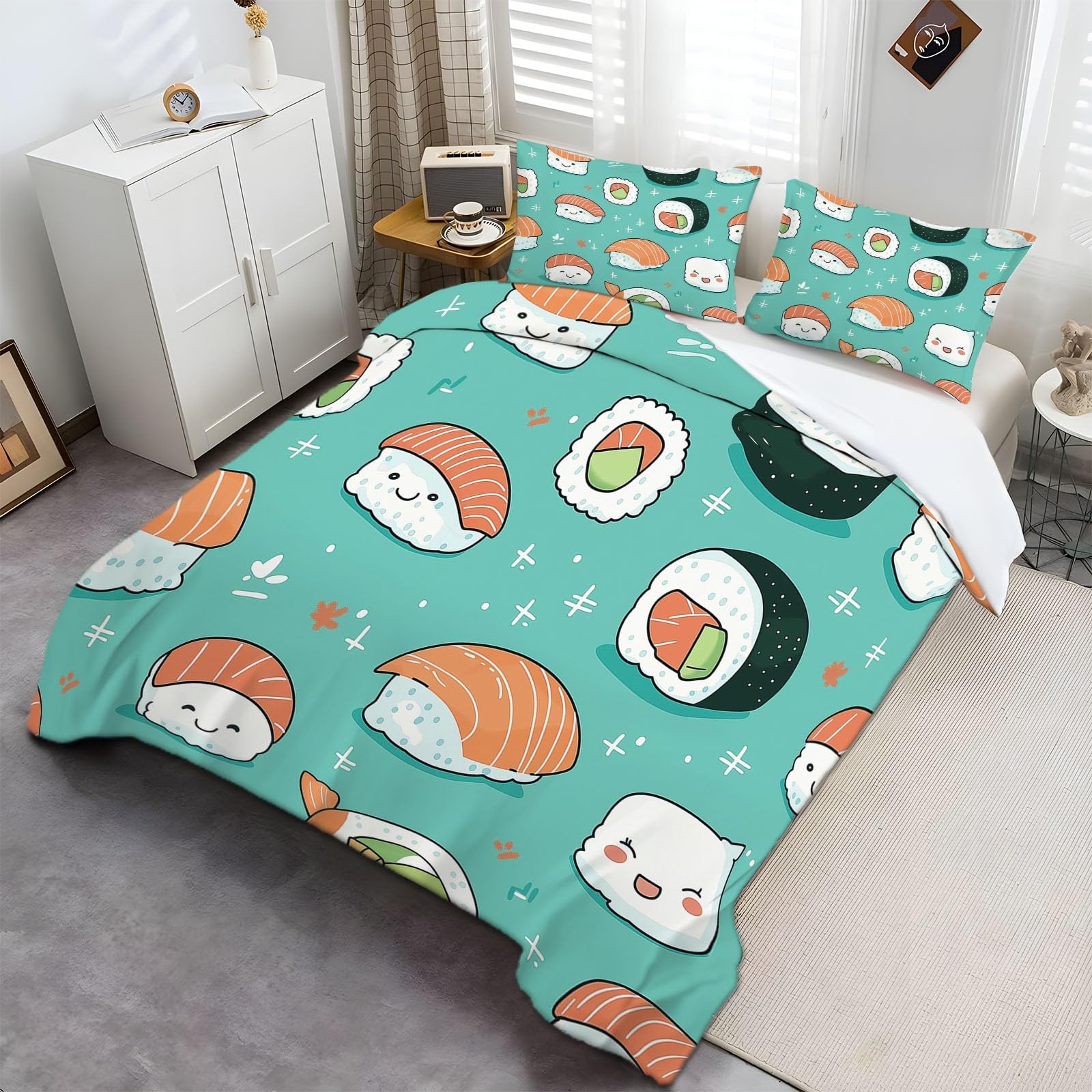 Parure de Lit Imprimée Sushi Kawaii Turquoise, Housse de Couette 200x200 cm + 2 Taies d'Oreiller 65x65, Microfibre Confort Résistant aux Taches Facile à Entretenir, Set Complet pour 2 Personnes