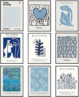 Vintage Blue Wall Art Set of 9, Matisse Wall Art, Monet Prints for Wall Decor, Blue Wall Decor for Living Room, Matisse Wall Art Prints, Blue Wall Decor, Famous Art Prints, Unframed 8x10 Inch